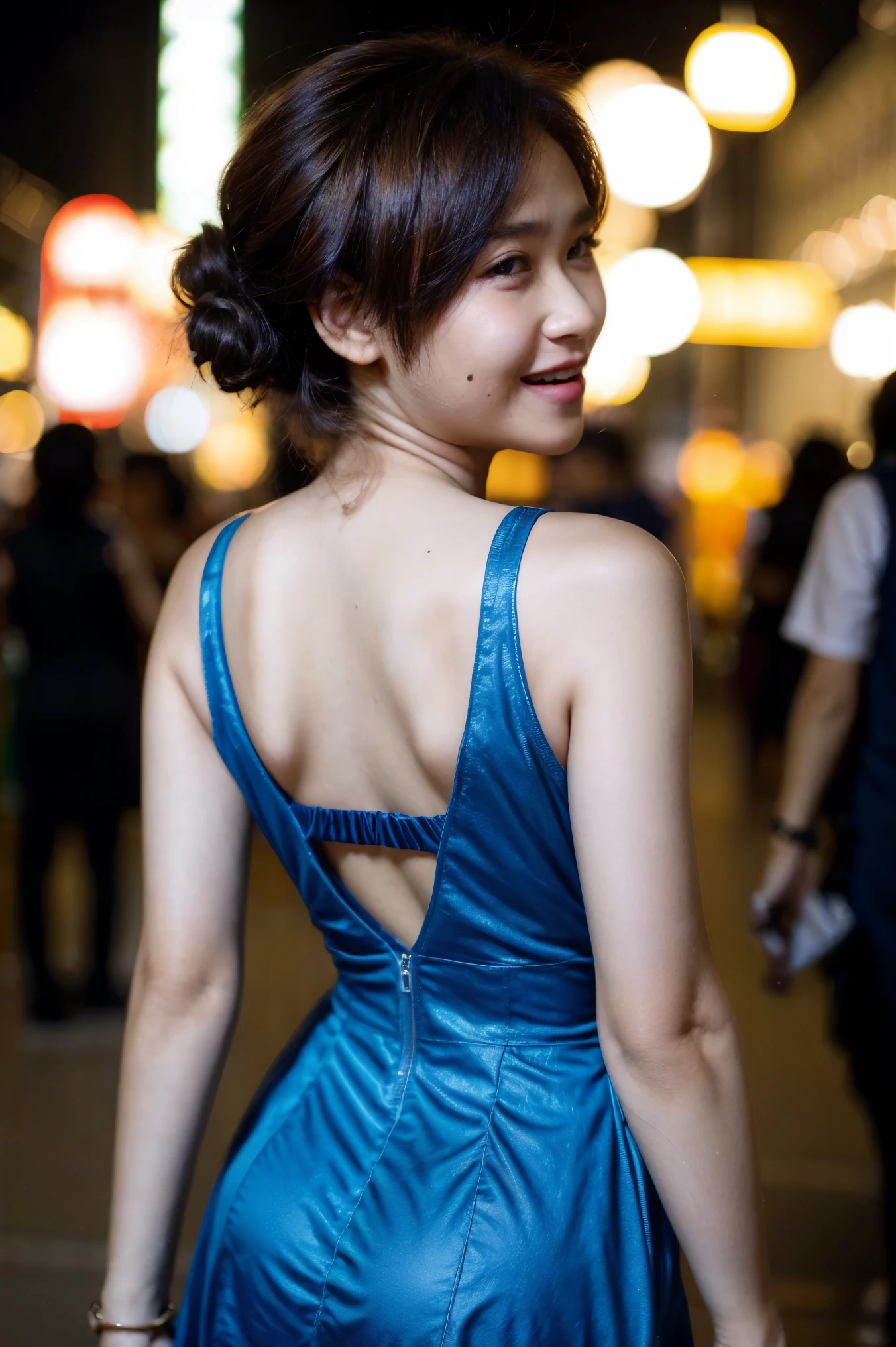 Malay girl, very short red hair, side swept pixie haircut, wear soft blue Mini peplum backless Dress , laughing and posing with hand on head, touching her own head, wear handbag, from back view, windy, detail skin, age spot, detail skin texture, mole below eyes, small breast, flat chest, wide hips, small waists, thick thighs, slim abs, beautiful body, nighttime, laughing, happy, bright lighting, crowded cafe, blur background, bokeh, high quality, ultra detail, 8k,