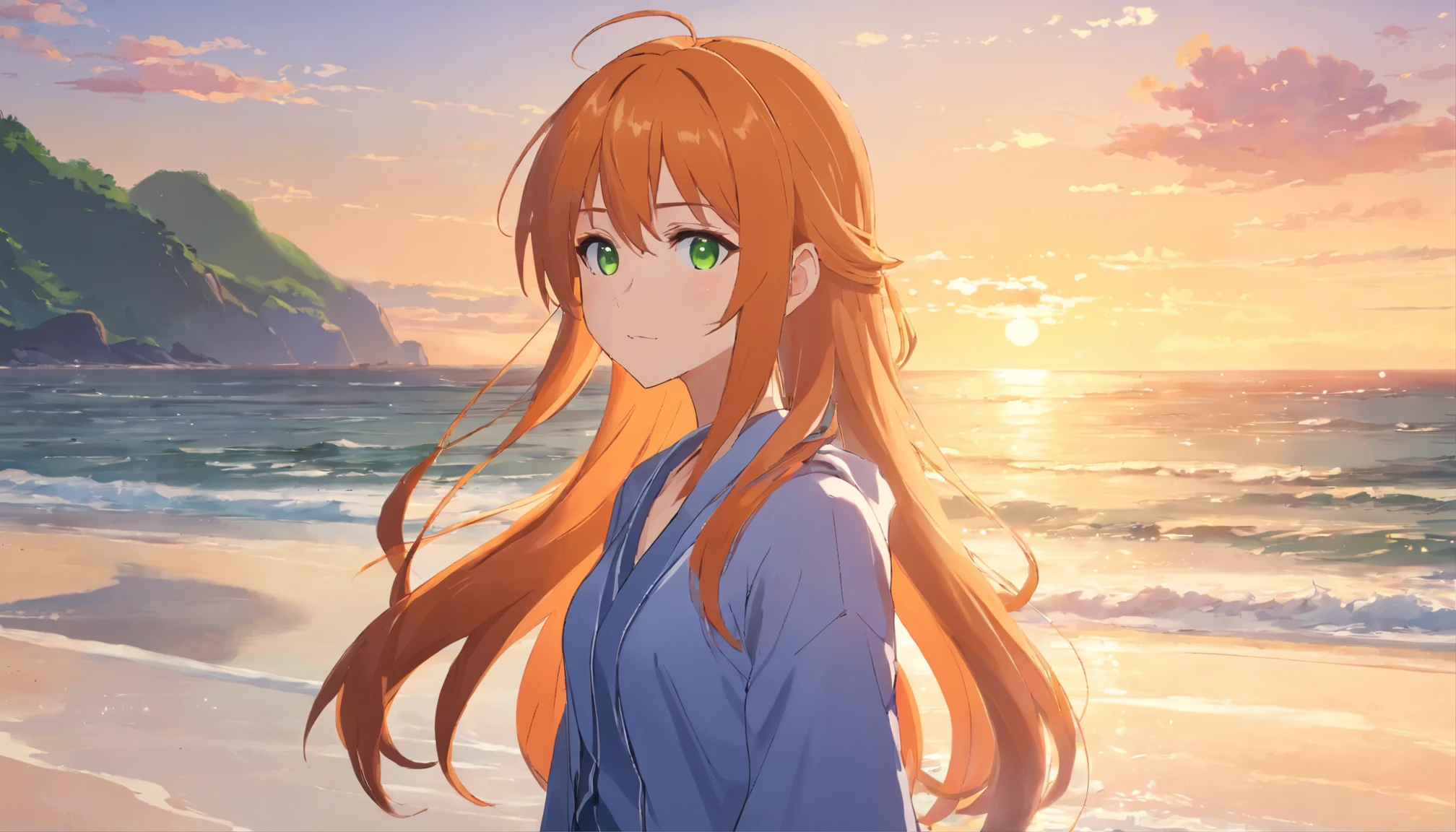 Anime girl with long orange hair, standing on the beach near the ocean, green eyes detailed digital anime art, Anime girl with long hair, гладкое аниме cg art, Anime girl with long hair, digital anime art, work in Guweiz style, Beautiful anime portrait, Photorealistic render of an anime girl, Beautiful anime girl, advanced digital anime art, guweiz на artstation pixiv HD UHD HQ
