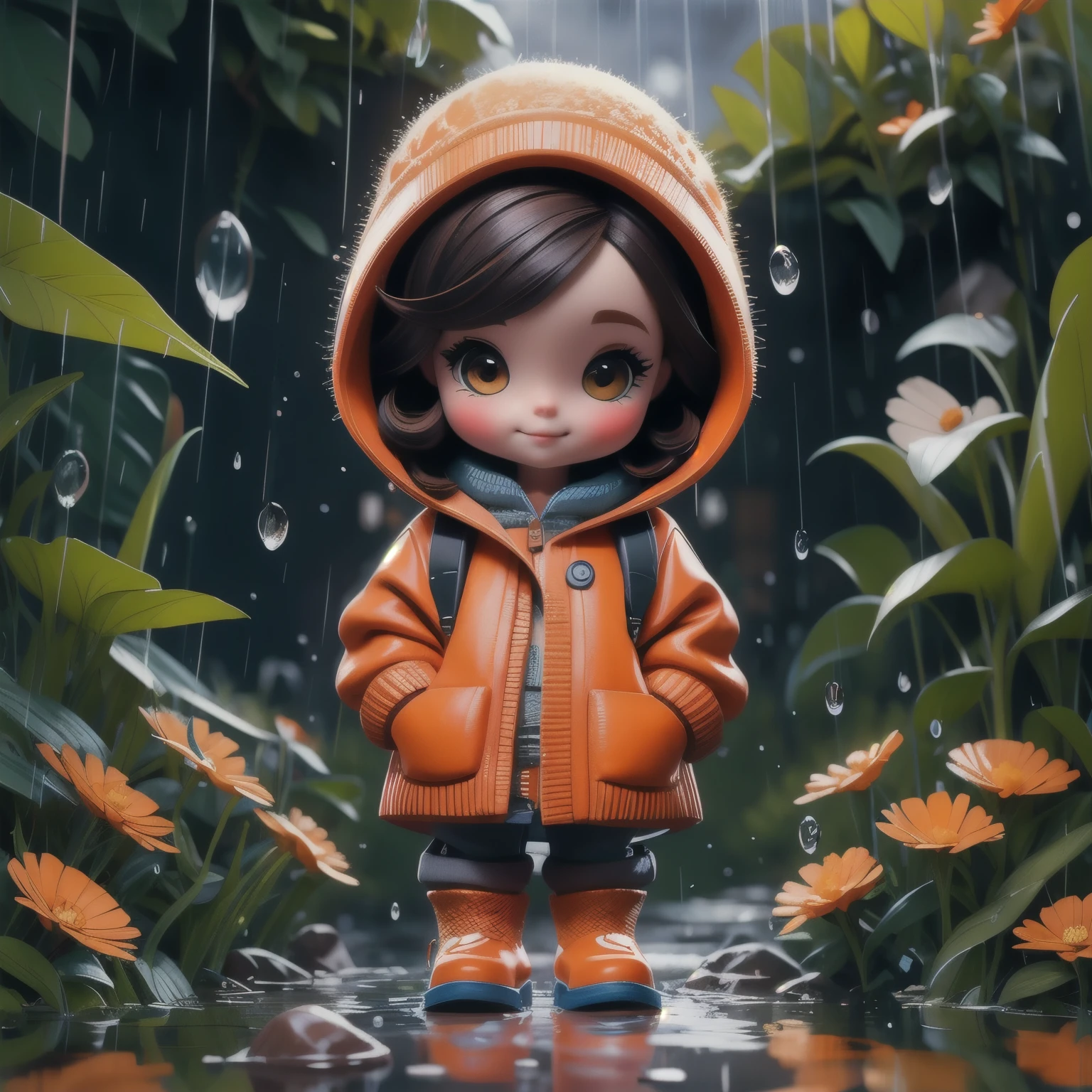 (best quality,4k,8k,highres,masterpiece:1.2),1 porcelain doll,dressed in knitted clothes,knitted sweater,fluffy texture,hooded garment,orange mini backpack,wearing blue rain boots,playing outdoors,stomping in puddles,splashing water,small flowers along the roadside,beautiful scenery，hands in pockets，photography，Large aperture，blur background，