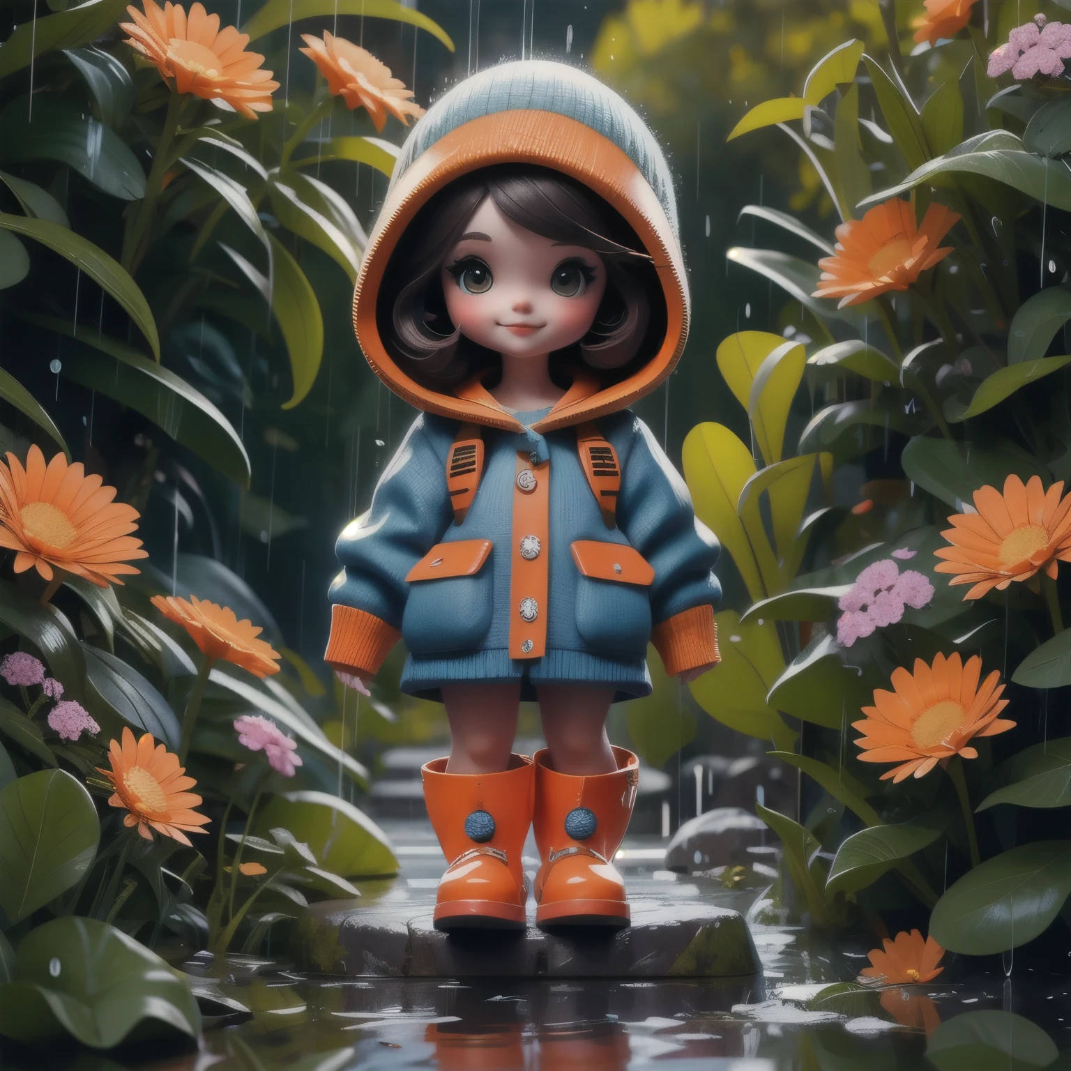 (best quality,4k,8k,highres,masterpiece:1.2),1 porcelain doll,dressed in knitted clothes,knitted sweater,fluffy texture,hooded garment,orange mini backpack,wearing blue rain boots,playing outdoors,stomping in puddles,splashing water,small flowers along the roadside,beautiful scenery，hands in pockets，photography，Large aperture，blur background，