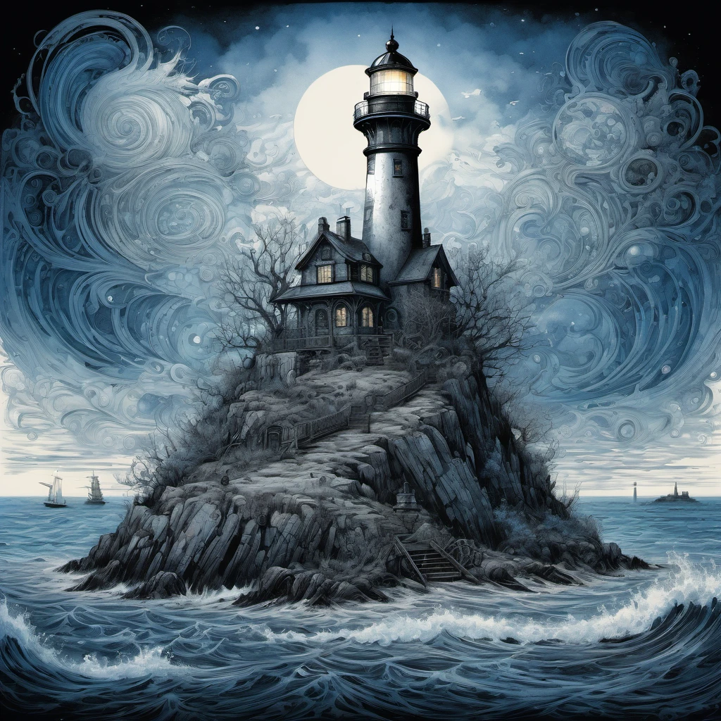 Lighthouse, aesthetic, extremely detailed, Daniel Merriam, by john blanche, M. C. Esher, ink drawing, dirty ink, frostpunk, lighthouse, blue ink ocean, lighthouse on an island, black ink