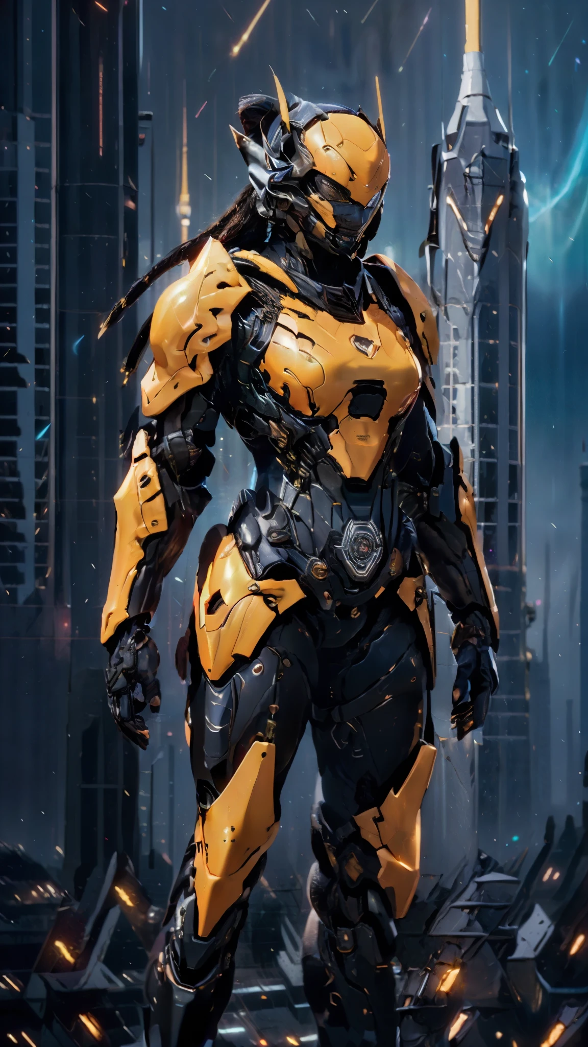 A woman adorned in fantasy-style full-body armor, a crown-concept fully enclosed helmet that unveils only her eyes, a composite layered chest plate, fully encompassing shoulder and hand guards, a lightweight waist armor, form-fitting shin guards, the overall design is heavy-duty yet flexible, ((the armor gleams with a golden glow, complemented by red and blue accents)), exhibiting a noble aura, she floats above a fantasy-surreal high-tech city, this character embodies a finely crafted fantasy-surreal style armored hero in anime style, exquisite and mature manga art style, (Queen bee mixed with Spider concept Armor, photorealistic:1.2, Real texture material:1.2), ((night sky, city night view, elegant, goddess, femminine:1.5)), Unreal Engine 5, metallic, high definition, best quality, highres, ultra-detailed, ultra-fine painting, extremely delicate, professional, anatomically correct, symmetrical face, extremely detailed eyes and face, high quality eyes, creativity, RAW photo, UHD, 32k, Natural light, cinematic lighting, masterpiece-anatomy-perfect, masterpiece:1.5