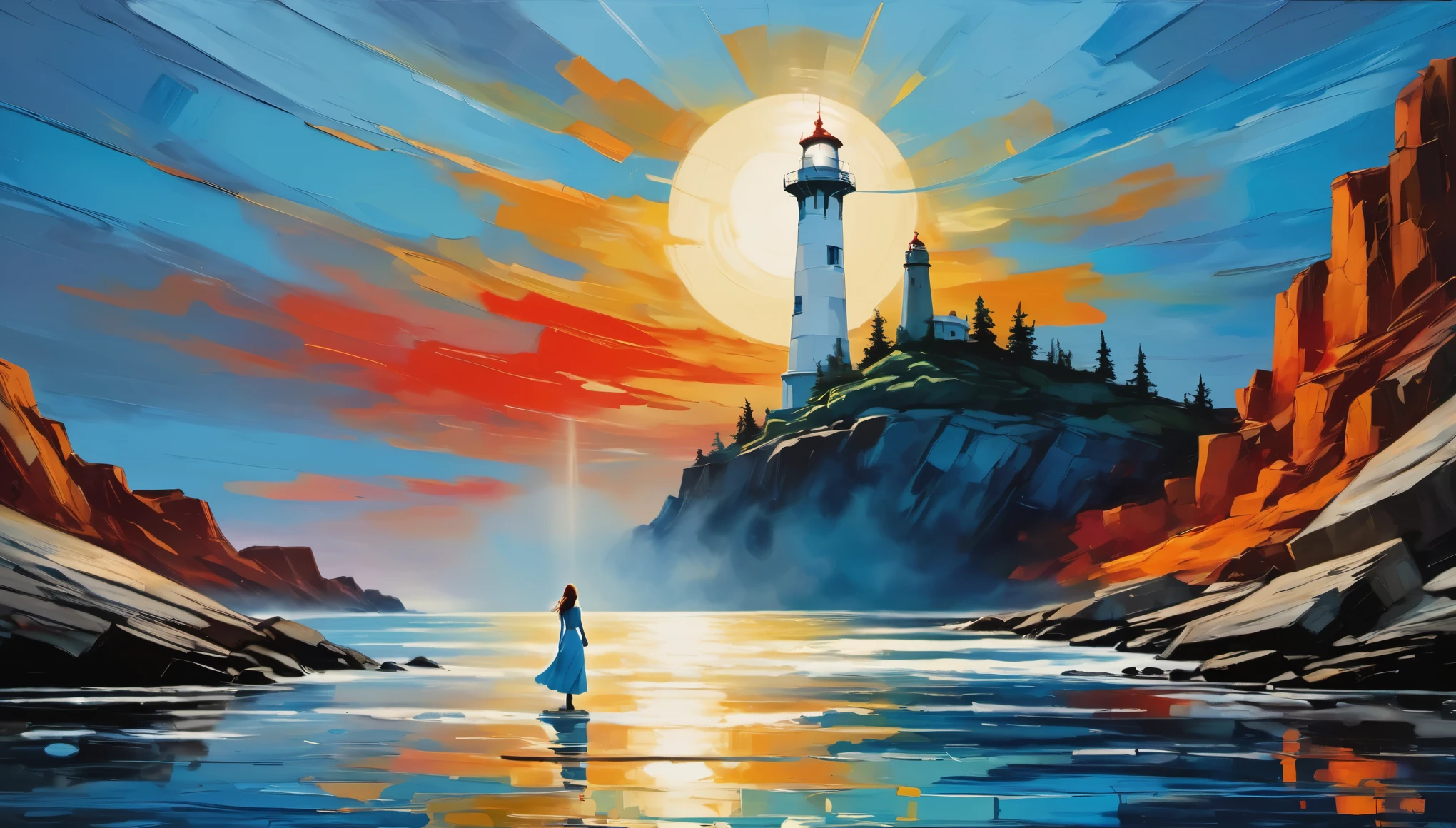 Oil painting, color palette knife, a tall white lighthouse, emitting bright light. In the distance, （there is a girl wearing a blue stormtrooper sitting on a round and towering rock.） In the style of Eastern minimalism, presented in the movie 4D, conceptual art, a peaceful and contemplative feeling, and a minimalist modernist dance stage design,van gogh，Blue-orange red tone，