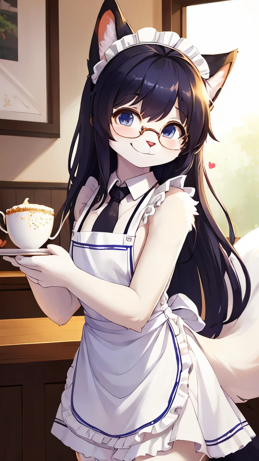 (fluffy anthro furry :1.6),(young :1.6),cat girl,flat chest,dark blue long hair,wavy hair,messy hair,white fur,white cat tail,naked maid apron,glasses,maid headdress,ribbon necktie,beautiful cafe,white sunlight,happy face,looking at viewer,smile,heart eyes