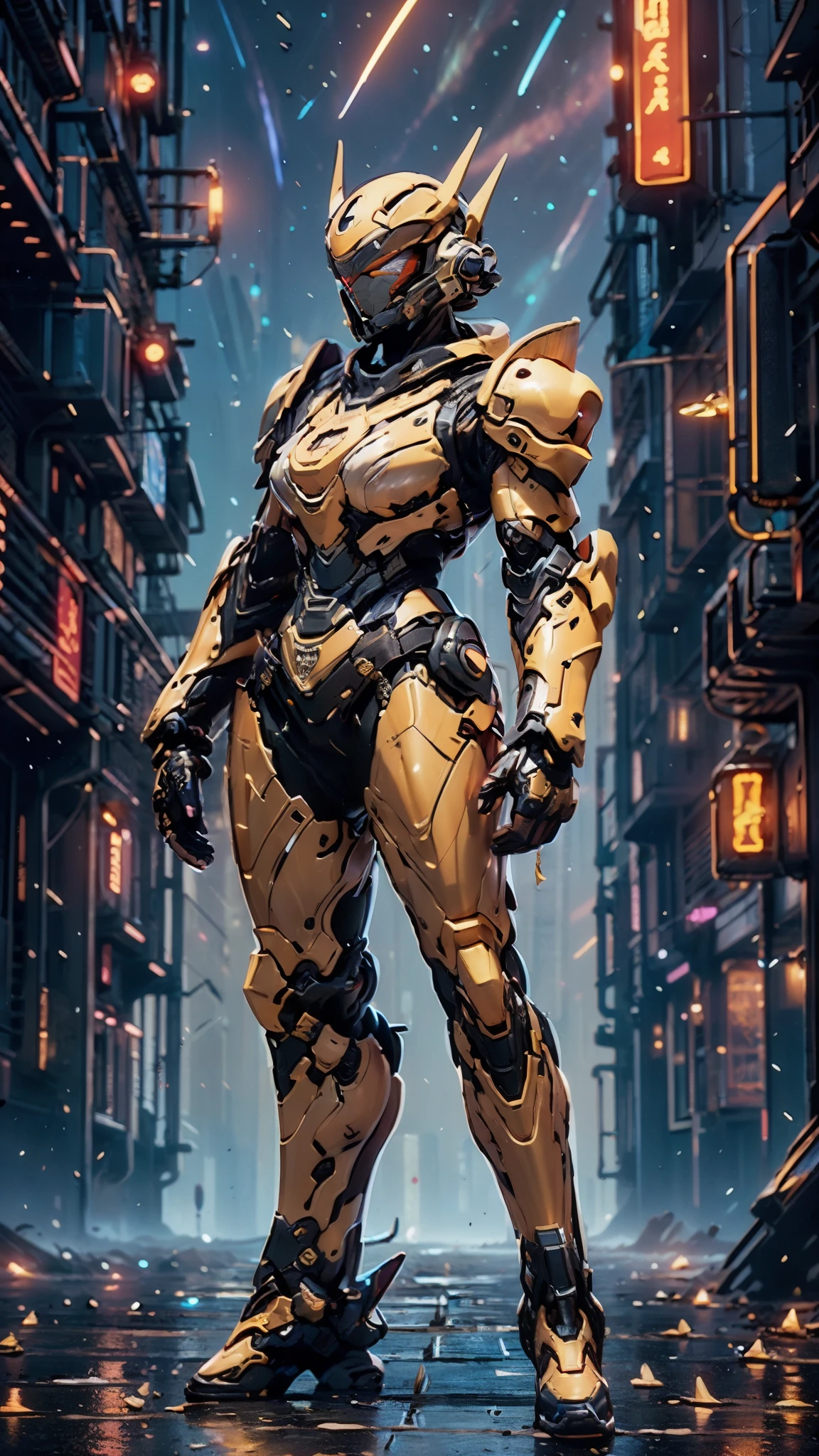 A woman adorned in fantasy-style full-body armor, a crown-concept fully enclosed helmet that unveils only her eyes, a composite layered chest plate, fully encompassing shoulder and hand guards, a lightweight waist armor, form-fitting shin guards, the overall design is heavy-duty yet flexible, ((the armor gleams with a golden glow, complemented by red and blue accents)), exhibiting a noble aura, she floats above a fantasy-surreal high-tech city, this character embodies a finely crafted fantasy-surreal style armored hero in anime style, exquisite and mature manga art style, (Queen bee mixed with Spider concept Armor, photorealistic:1.2, Real texture material:1.2), ((night sky, city night view, elegant, goddess, femminine:1.5)), Unreal Engine 5, metallic, high definition, best quality, highres, ultra-detailed, ultra-fine painting, extremely delicate, professional, anatomically correct, symmetrical face, extremely detailed eyes and face, high quality eyes, creativity, RAW photo, UHD, 32k, Natural light, cinematic lighting, masterpiece-anatomy-perfect, masterpiece:1.5