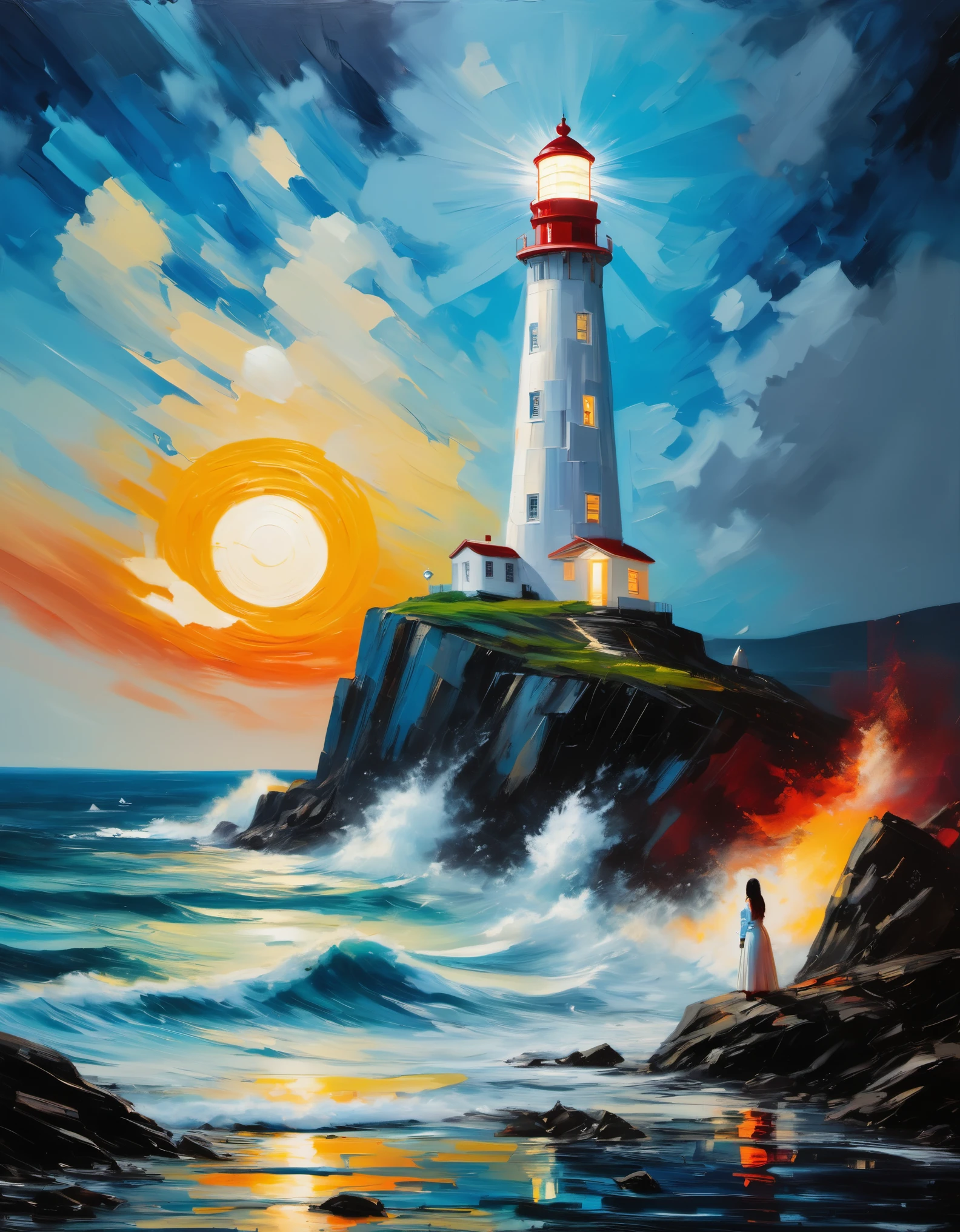 Oil painting, color palette knife, a tall white lighthouse, emitting bright light. In the distance, (there is a girl wearing a blue stormtrooper sitting on a round and towering rock.) In the style of Eastern minimalism, presented in the movie 4D, conceptual art, a peaceful and contemplative feeling, and a minimalist modernist dance stage design,van gogh,Blue-orange red tone,