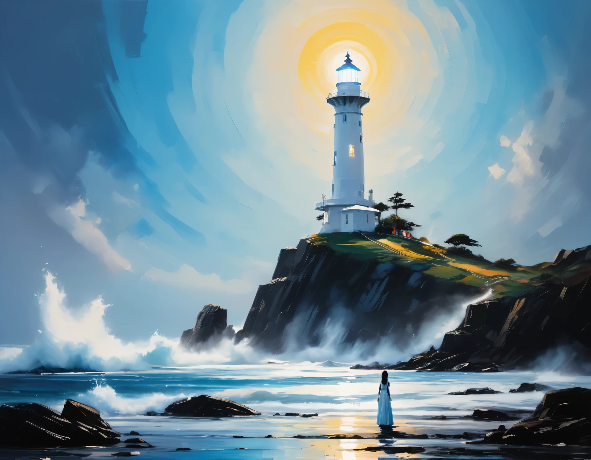 Oil painting, color palette knife, a tall white lighthouse, emitting bright light. In the distance, (there is a girl wearing a blue stormtrooper sitting on a round and towering rock.) In the style of Eastern minimalism, presented in the movie 4D, conceptual art, a peaceful and contemplative feeling, and a minimalist modernist dance stage design,