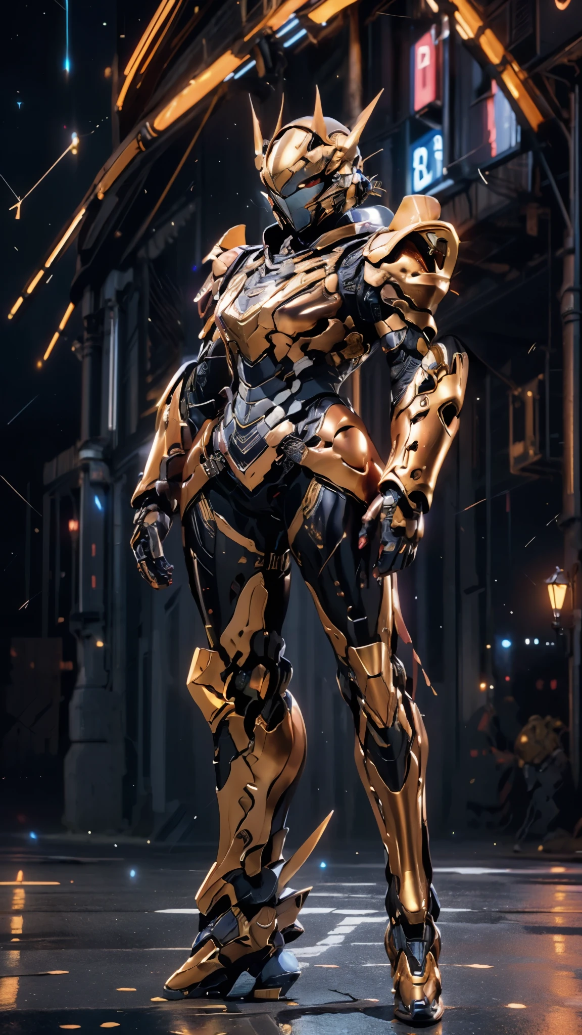 A woman adorned in fantasy-style full-body armor, a crown-concept fully enclosed helmet that unveils only her eyes, a composite layered chest plate, fully encompassing shoulder and hand guards, a lightweight waist armor, form-fitting shin guards, the overall design is heavy-duty yet flexible, ((the armor gleams with a golden glow, complemented by red and blue accents)), exhibiting a noble aura, she floats above a fantasy-surreal high-tech city, this character embodies a finely crafted fantasy-surreal style armored hero in anime style, exquisite and mature manga art style, (Queen bee mixed with Spider concept Armor, photorealistic:1.2, Real texture material:1.2), ((night sky, city night view, elegant, goddess, femminine:1.5)), Unreal Engine 5, metallic, high definition, best quality, highres, ultra-detailed, ultra-fine painting, extremely delicate, professional, anatomically correct, symmetrical face, extremely detailed eyes and face, high quality eyes, creativity, RAW photo, UHD, 32k, Natural light, cinematic lighting, masterpiece-anatomy-perfect, masterpiece:1.5