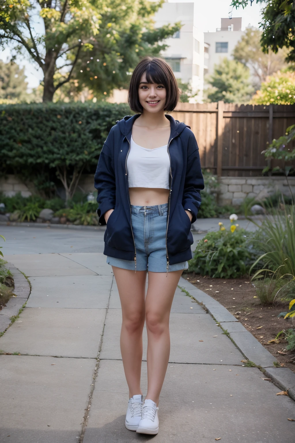 ((best quality)), ((masterpiece)), (detailed), raw photo in hdr, japanese, big blue eyes, light smile, short dark blue hair with bangs, hime style haircuts, light purple zipper hoodies , walk on the gardens, women's 2o years old, medium breast, full body shoot