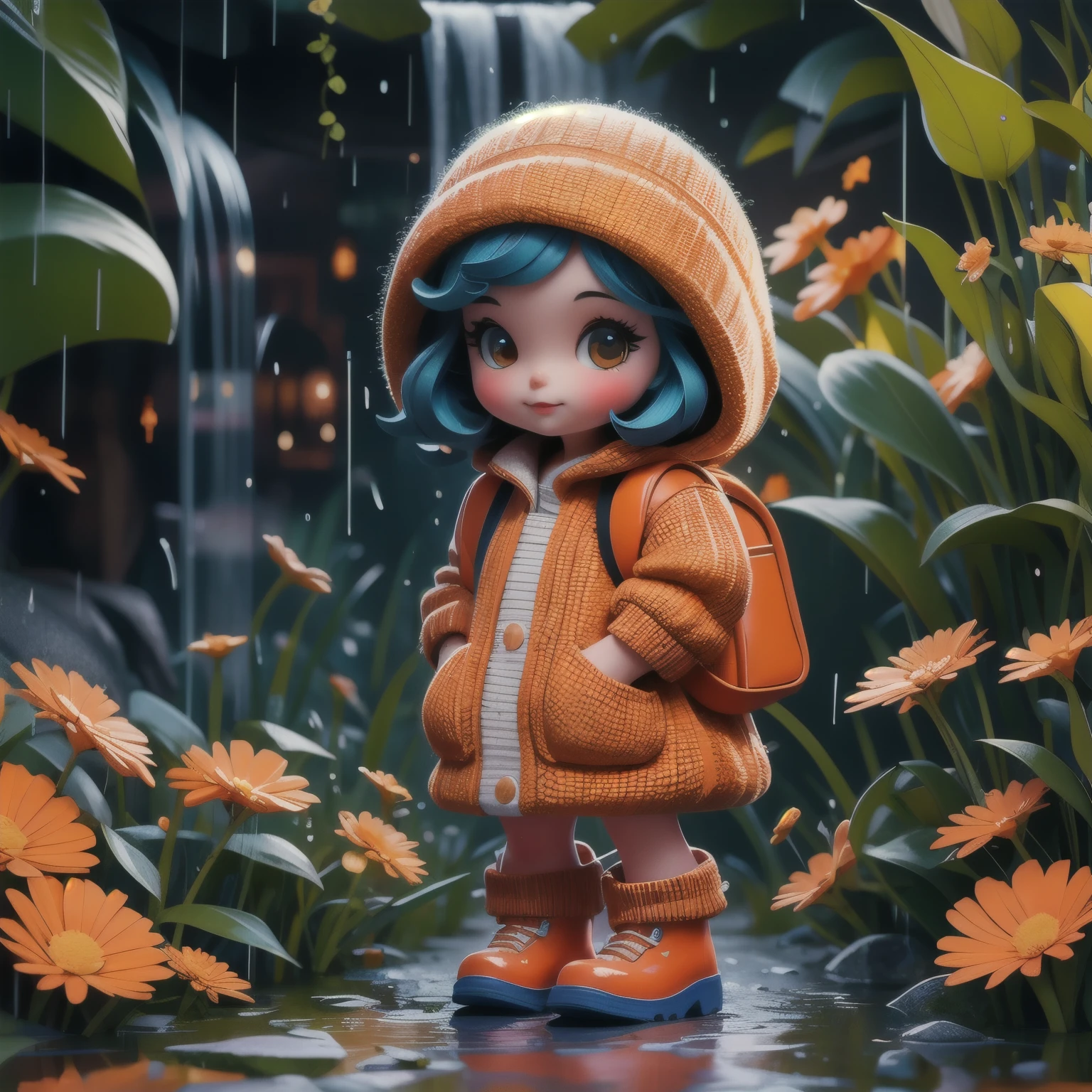 (best quality,4k,8k,highres,masterpiece:1.2),1 porcelain doll,dressed in knitted clothes,knitted sweater,fluffy texture,hooded garment,orange mini backpack,wearing blue rain boots,playing outdoors,stomping in puddles,splashing water,small flowers along the roadside,beautiful scenery，hands in pockets，photography，Large aperture，blur background，