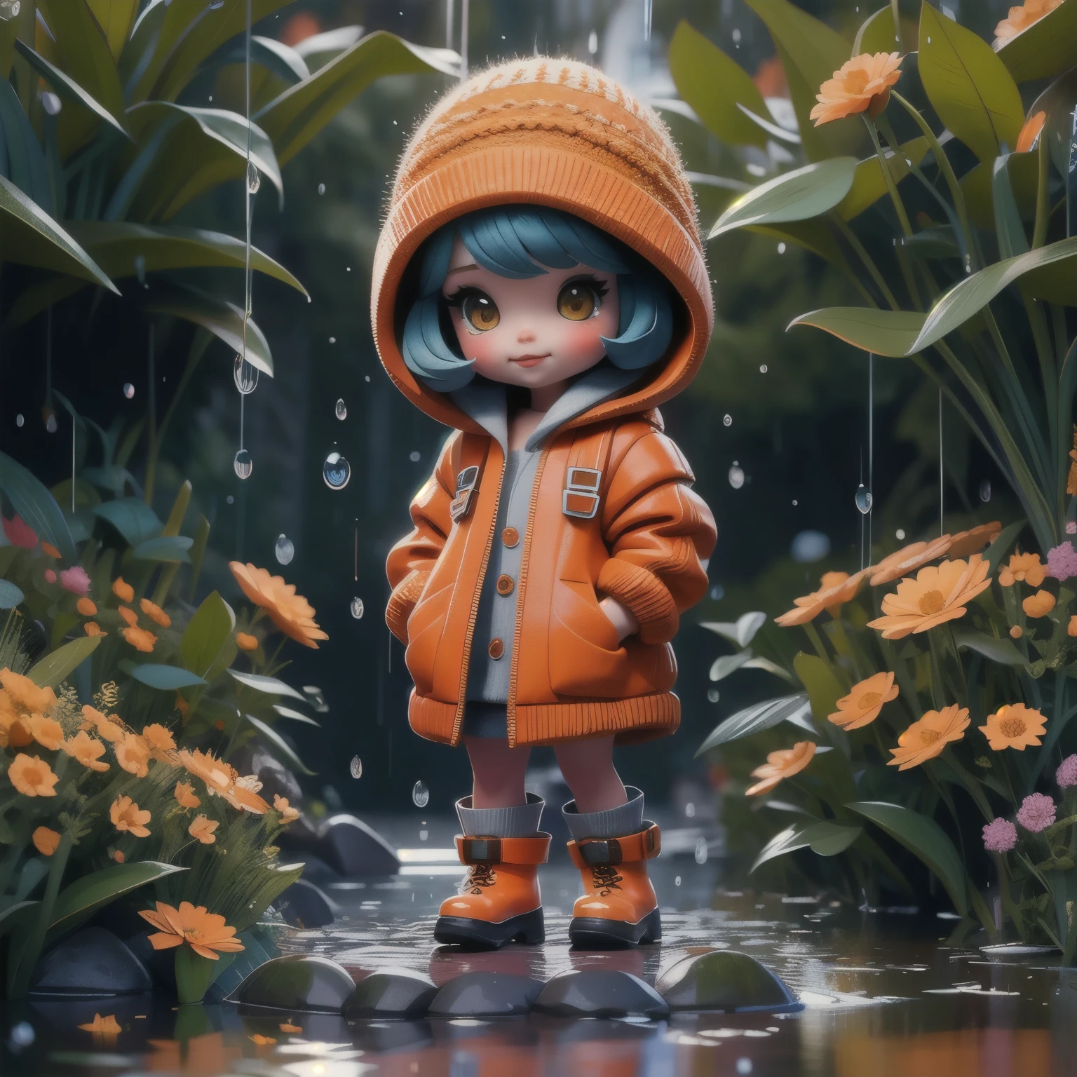 (best quality,4k,8k,highres,masterpiece:1.2),1 porcelain doll,dressed in knitted clothes,knitted sweater,fluffy texture,hooded garment,orange mini backpack,wearing blue rain boots,playing outdoors,stomping in puddles,splashing water,small flowers along the roadside,beautiful scenery，hands in pockets，photography，Large aperture，blur background，