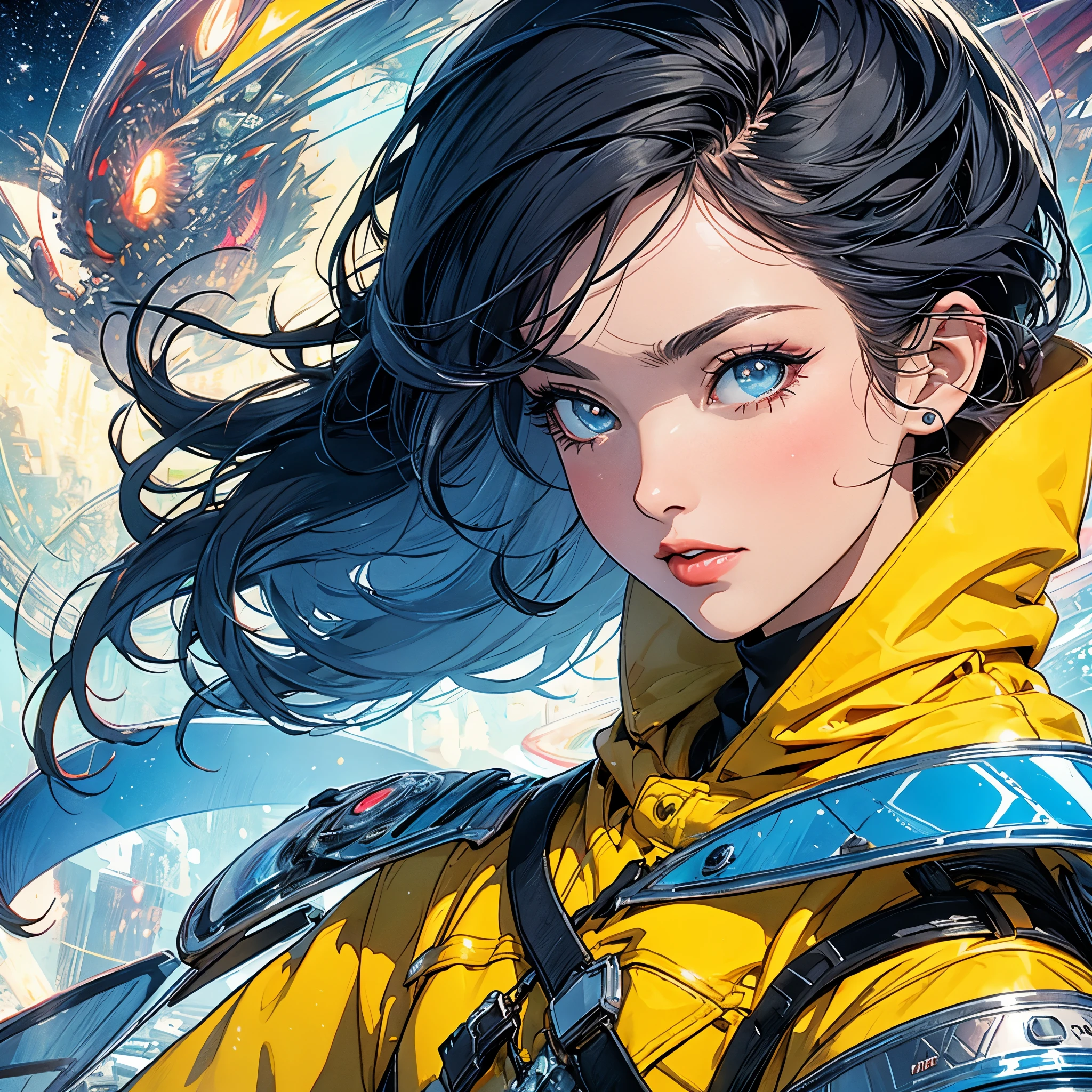 (masterpiece, highest quality), 32K,(highly detailed beautiful woman), poster,SF,1960s,1970s,bauhaus, shape, abstract,movie poster, vintage,retro,futuristic anime,ultimate map,highlight,highly detailed glowing eyes,cleavage,complicated pattern,Stylish hairstyle,fluorescent yellow clothes,Starry Sky,Fluorescent color_yellow