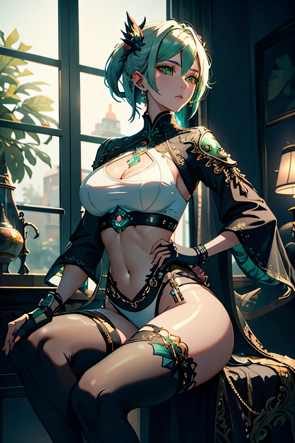 ((Best quality)), ((masterpiece)), (detailed:1.3), 3D ,HDR (High Dynamic Range)portrait of aattractive young woman, multicolored jade green and silver lined hair, streaked hair, exquisite details, fine eyelashes, (chopard sunglasses, green frame), (short hair, , pixie, tomboy, gen z) She's wearing a (loose white shirt) and (yoga pants) which showcase her (tight abs) and (camel toes), while her (breasts) and (long legs) add to the allure.