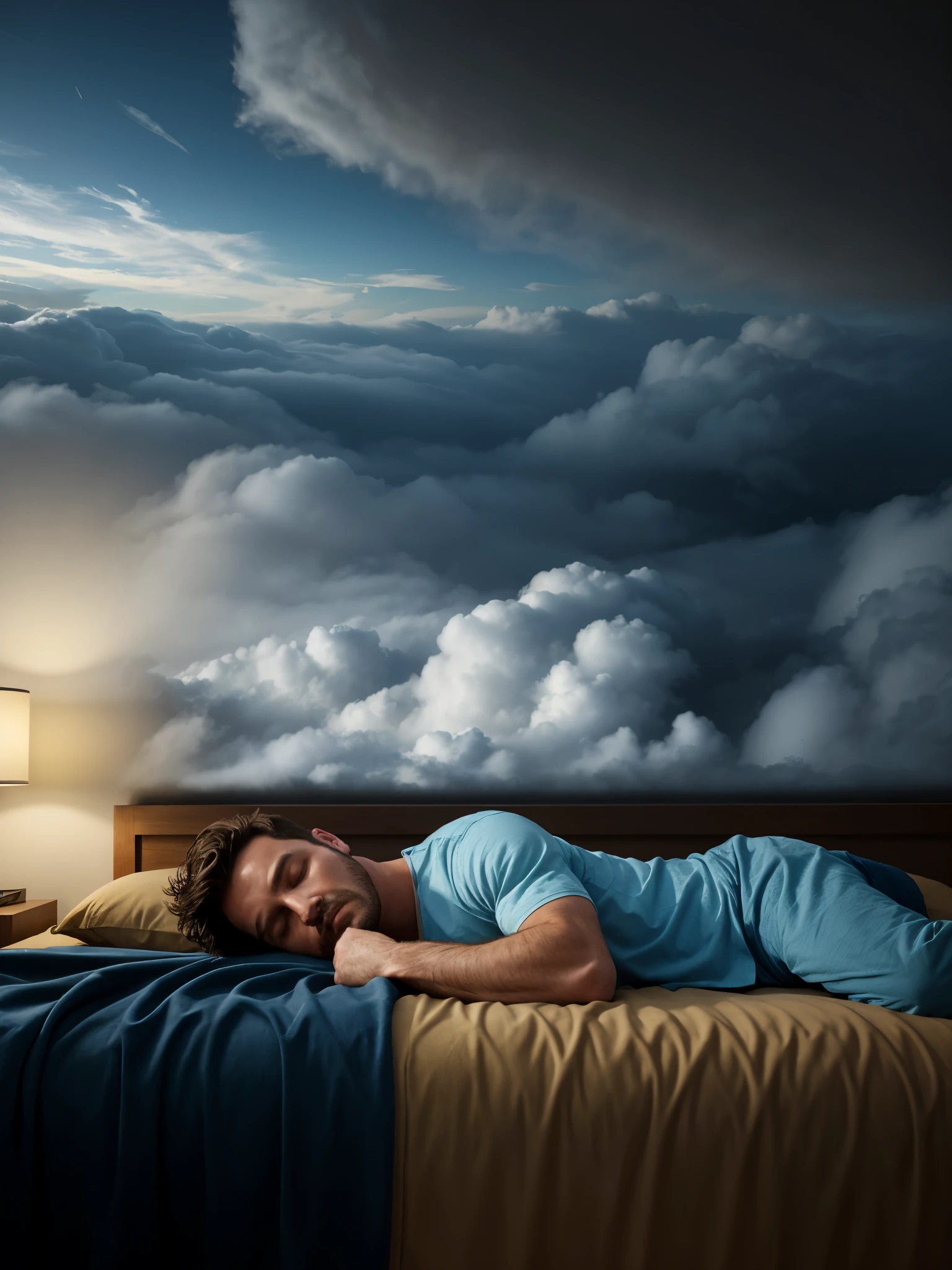 a man sleeps in bed, clouds hover around him, creating an environment of fog or lack of clarity, stylized in blue and gold colors, full hd, hyper realistic, the best quality