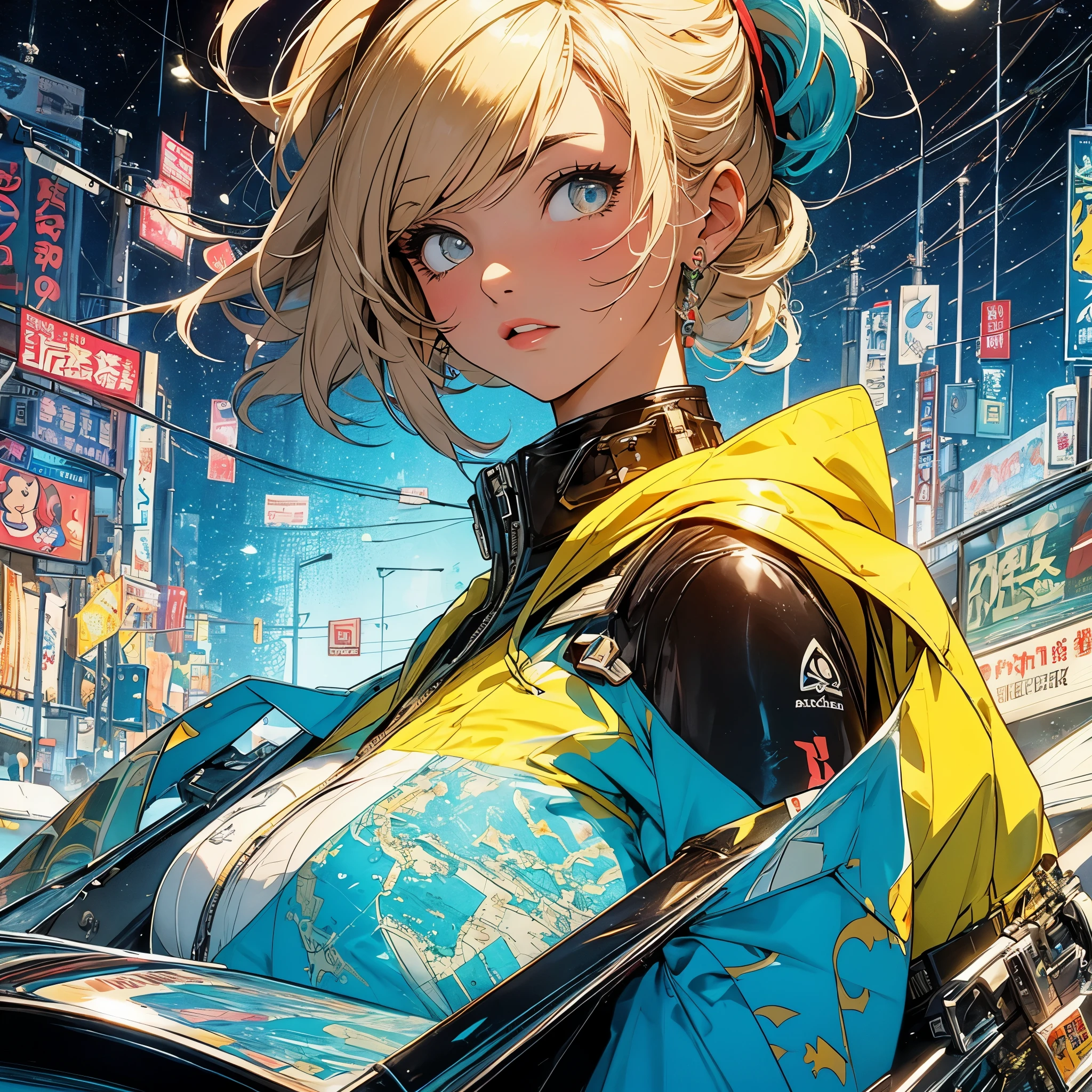 (masterpiece, highest quality), 32K,(highly detailed beautiful woman), poster,SF,1960s,1970s,bauhaus, shape, abstract,movie poster, vintage,retro,futuristic anime,ultimate map,highlight,highly detailed glowing eyes,cleavage,complicated pattern,Stylish hairstyle,fluorescent yellow clothes,Starry Sky,Fluorescent color_yellow