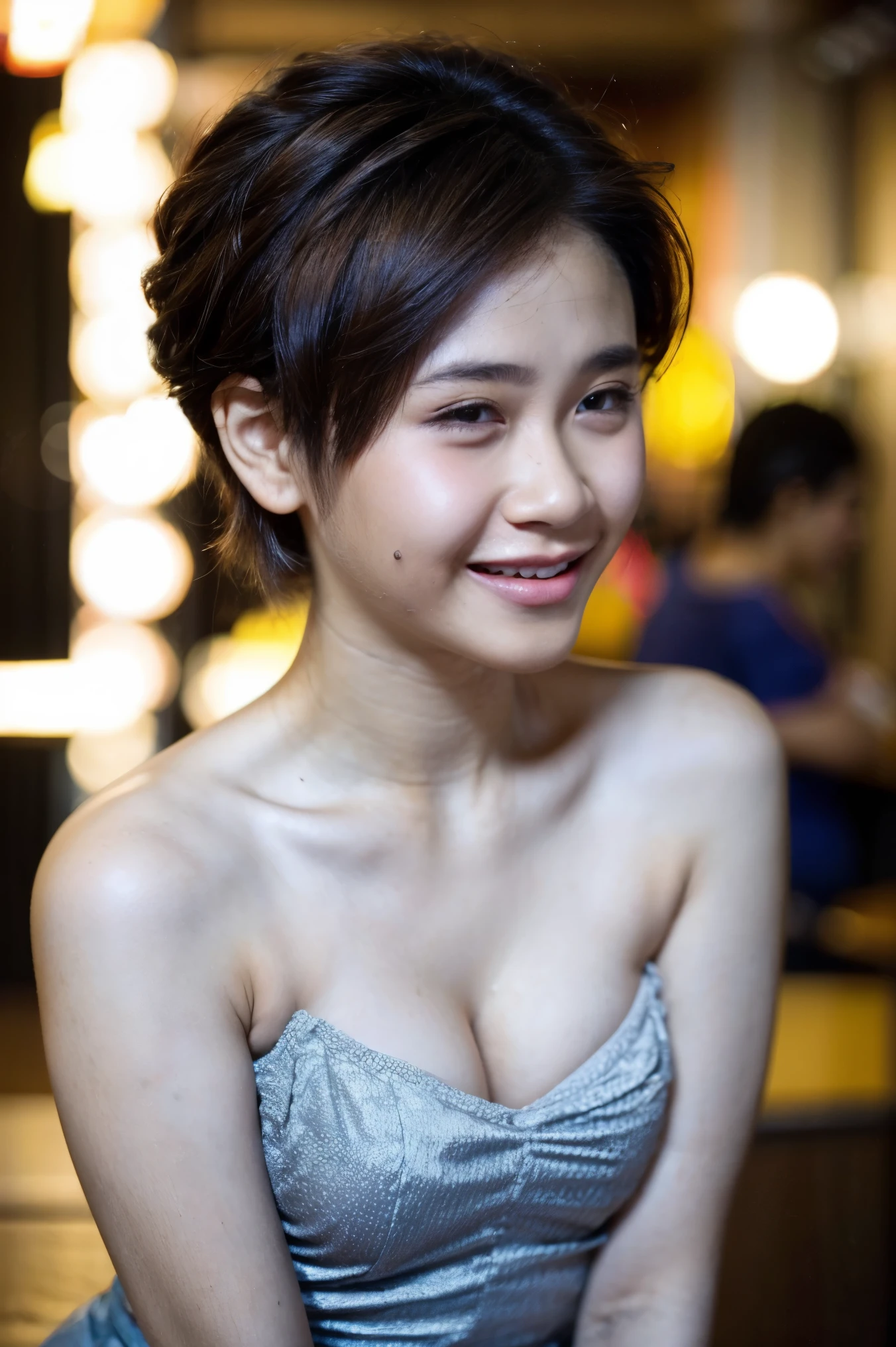 Malay girl, very short red hair, side swept pixie haircut, wear soft blue Mini peplum backless Dress , laughing and posing with hand on head, touching her own head, from back view, windy, detail skin, age spot, detail skin texture, mole below eyes, small breast, flat chest, wide hips, small waists, thick thighs, slim abs, beautiful body, nighttime, laughing, happy, bright lighting, crowded cafe, blur background, bokeh, high quality, ultra detail, 8k,