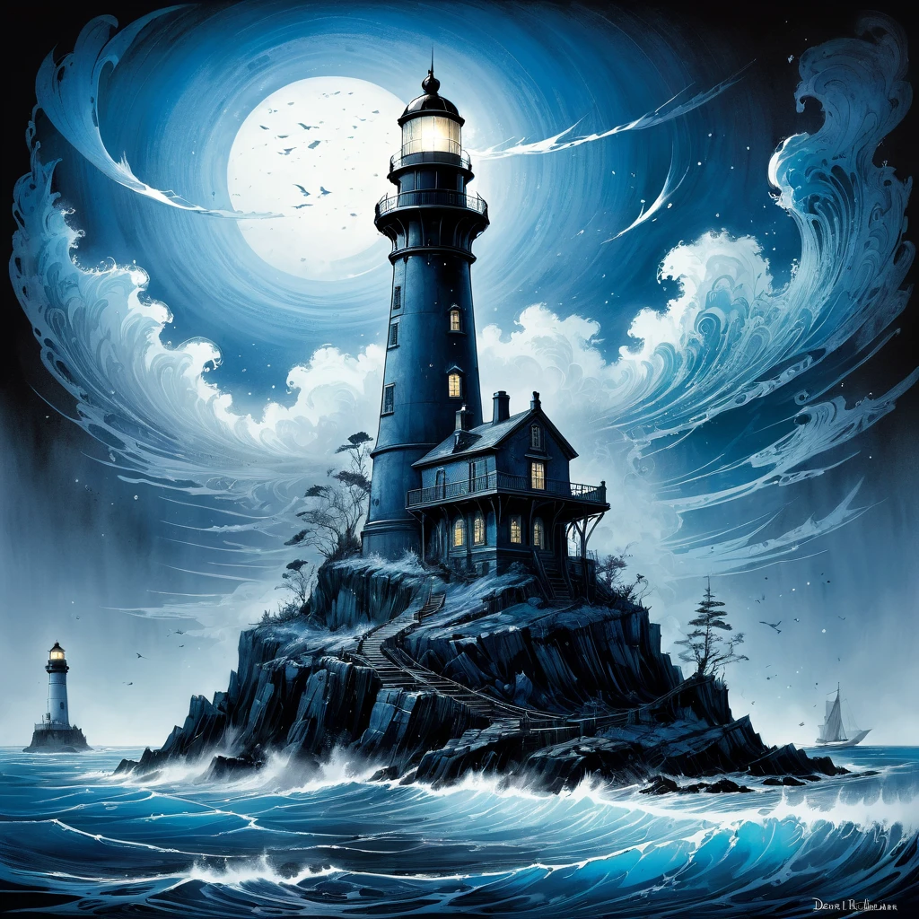 Lighthouse, aesthetic, extremely detailed, Daniel Merriam, by john blanche, M. C. Esher, ink drawing, dirty ink, frostpunk, lighthouse, blue ink ocean, lighthouse on an island, black ink