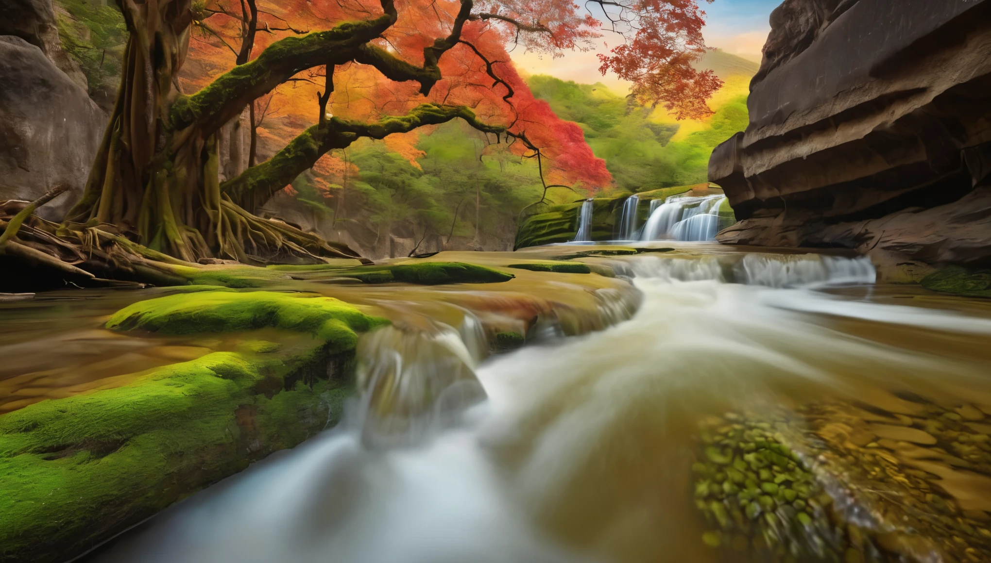 Subject: Ultra high definition landscape photograph of the Earth's grandest and most aesthetically captivating waterfall, captured in photorealistic and HDR photography. Style: The image should convey a sense of awe and inspire a deep appreciation for the natural world. Prioritize exceptional clarity, detail, and realistic lighting effects. Technical Specifications: Resolution: 8K UHD (7680 x 4320 pixels) Aspect Ratio: 16:9 Color Space: Adobe RGB Creative Vision: Capture the immense scale and breathtaking grandeur of the waterfall, emphasizing its exceptional height, width, and power. Showcase intricate details and textures of the rock formations, water droplets, and surrounding vegetation, including (((vibrant moss, algae))), and weathered surfaces. Utilize realistic and impactful lighting and shadows to create depth, emphasizing the unique surfaces of the rocks and water. Depict a vibrant and dramatic sky with contrasting and complementary colors, such as a soft sunrise with warm tones or a stormy sunset with fiery hues. Include a subtle mist or spray rising from the base of the waterfall, adding a sense of movement and raw power.(((many tiny tree))) Frame the scene strategically to showcase the waterfall as the focal point while utilizing surrounding natural elements, such as majestic mountains, lush forests, or a glistening river flowing towards the falls.(((floating rock tree))), (((ultra long shot photography)), (((zhang jia jie world heritage site))).(((hyper realistic photography)))).((( maple tree )))), 5 beautiful girls playing water wearing bikini with various color