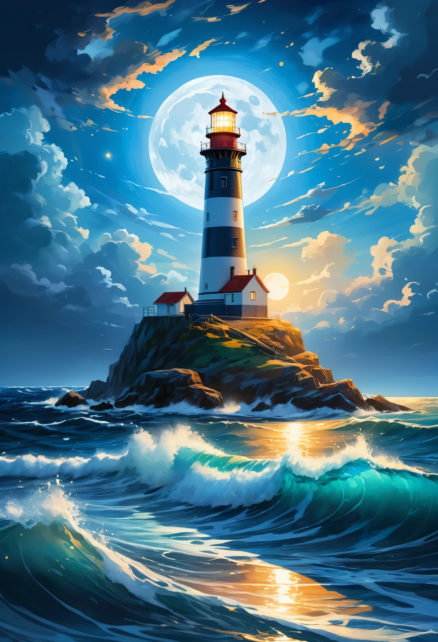 ,lighthouse in the center of the sea,nighttime,blue sky,oil painting style,depth,comic book,illustration,light reflection on the water,high waves,detailed clouds,starlit sky,bright moon,limited color palette,calm sea,artistic interpretation,peaceful atmosphere,(best quality,4k,8k,highres,masterpiece:1.2),ultra-detailed,(realistic,photorealistic,photo-realistic:1.37),HDR,UHD,studio lighting,ultra-fine painting,sharp focus,physically-based rendering,extreme detail description,professional,vivid colors,bokeh,portraits