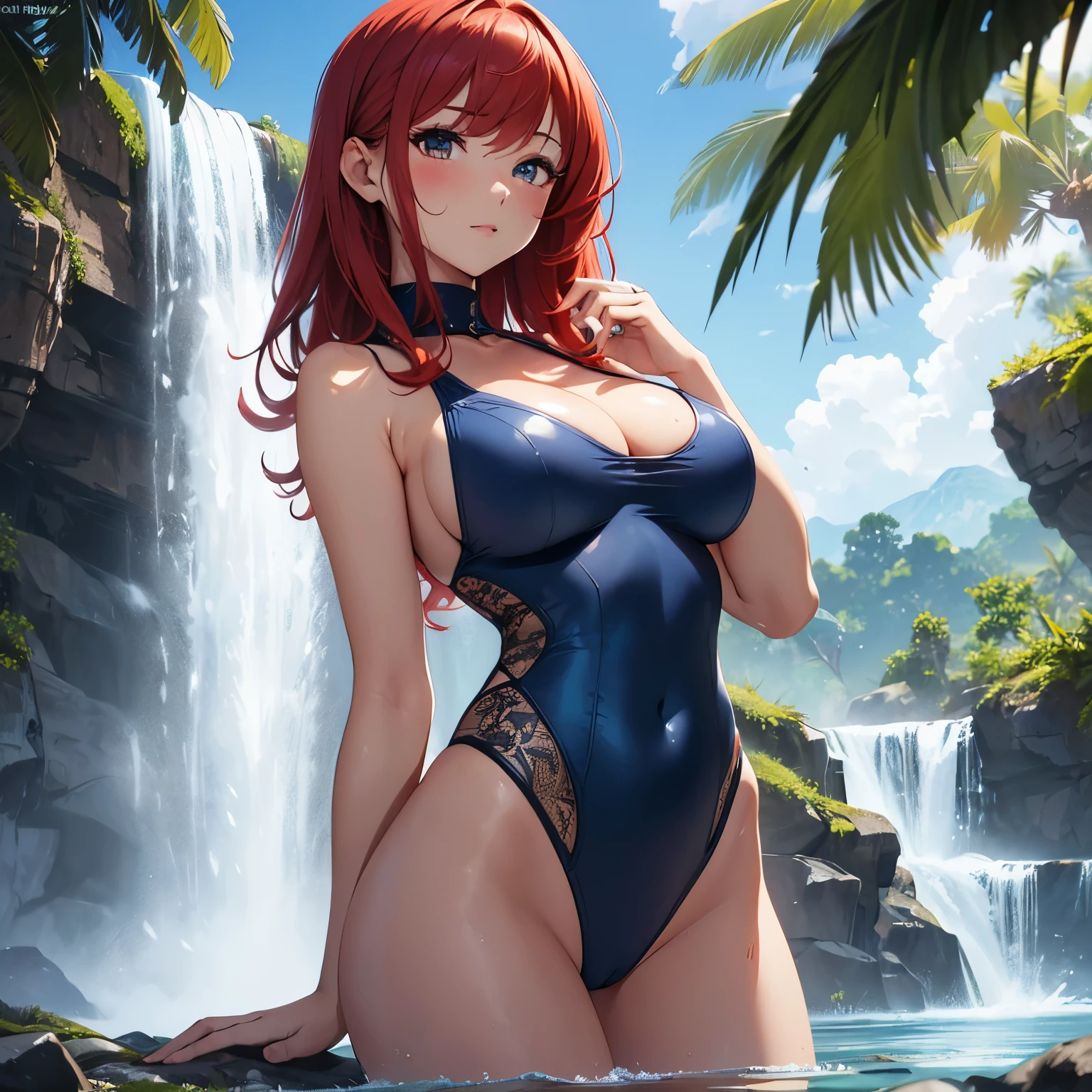 (Master piece), (best quality), (ultra detailed), high quality, highest details, ultra hd, hot waterfall, 1girl, medium red hair, wet, swimsuit,  nartural shadow, large breast, large ass, blushing face, solo, perfect body, 8k, blue sky.