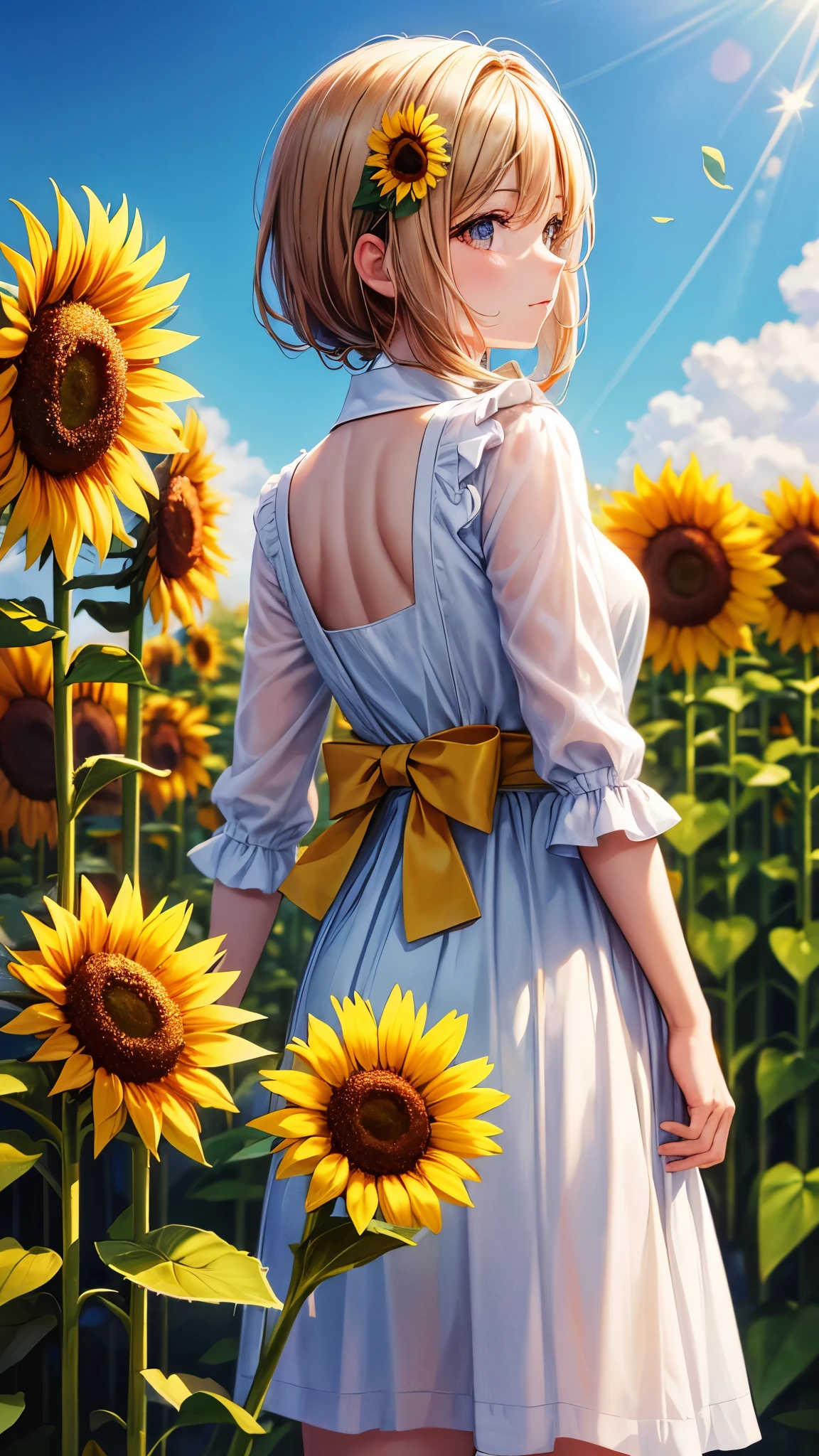 Summer day,sunflower,uniform,back view,far away,Super high quality,masterpiece,super high quality,ultra high resolution,Highest image quality,superlative,highest quality,highest resolution,high quality,beautiful,beautiful,High quality,realな質感,real,8K,detailed,