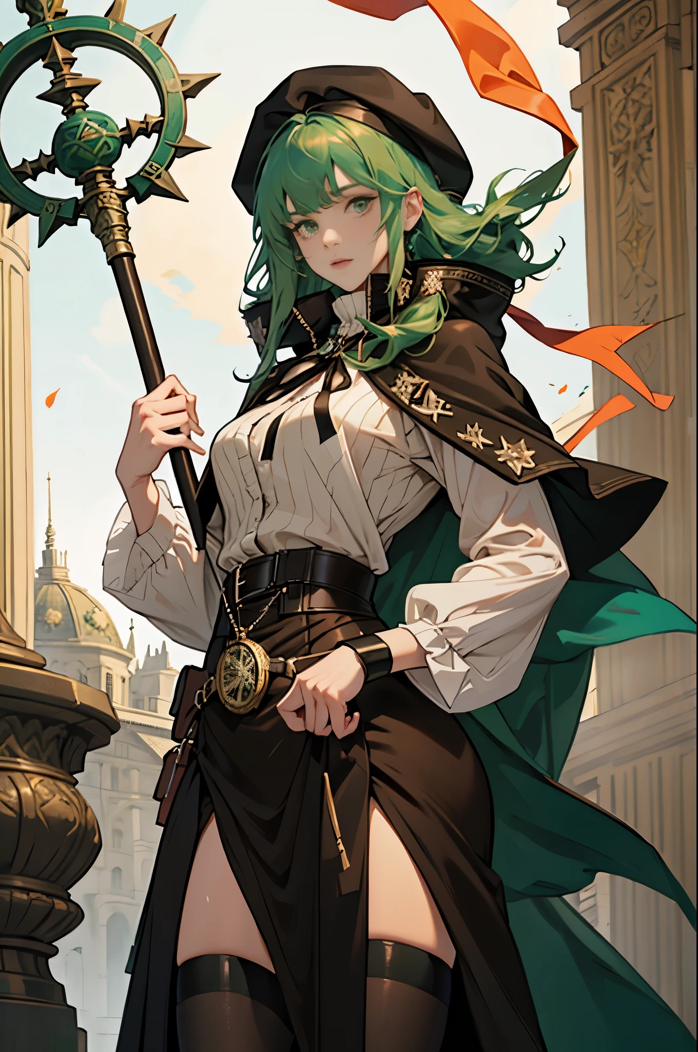 masterpiece, ultra detailed, 8k portrait, RAW photo, portrait photography, highly detailed face, beautiful and meticulous eyes, ((Fantasy)), Young beautiful, 22 years old, dynamic pose, (((Long Straight deep green hair))), ((One side is woven with orange ribbon)), blunt bangs, beret, White skin color, Luxury, hooded (((dark brown))) (((silk long cloak))) fluttering in the wind, (((dressed shirt))), (((silk maxi skirt))), leather corset, (((dark thigh high tights))), high cut leather boots, (((lift up long magical staff))), ((equip a pocket watch)), Midday Sun, hyper realistic, Body model, Small breasts, Beautiful breasts, Long legs, in the castle, Ambient lighting, Shadow details , Camera focus on face, strong breeze, Light fog
