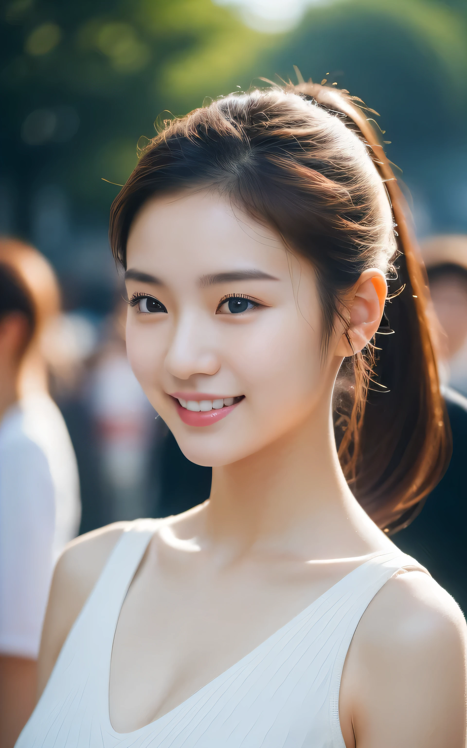 ((top quality、32k、A masterpiece of photography、ultra high resolution、Absolutely clear focus、Hasselblad photos)),1 real photography photo, 1 person,korean girl,18 years old,smile slightly,Super cute,ponytail hairstyle,((White skin)),Round shoulders,Shapely waist,Detailed skin details,Detailed skin texture, Light makeup, Bust 32 inches, On crowded streets,morning light