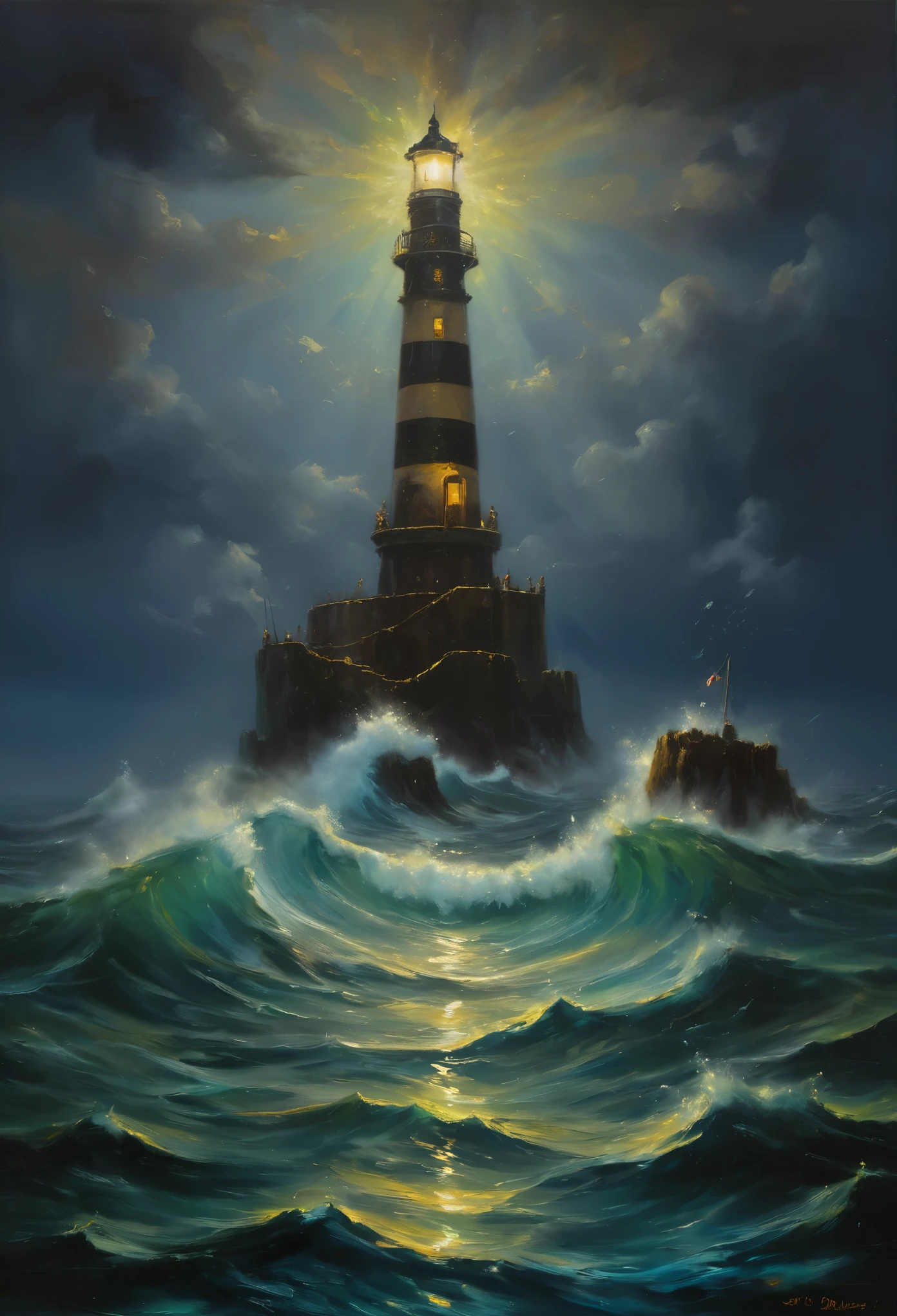 In the center of the sea, there stands a lighthouse, illuminating the surrounding waters. This scene takes place at night, with a blue sky contrasting against the dark ocean. The whole painting exudes a strong oil painting style, with clear layers, as if it were a vibrant comic illustration.