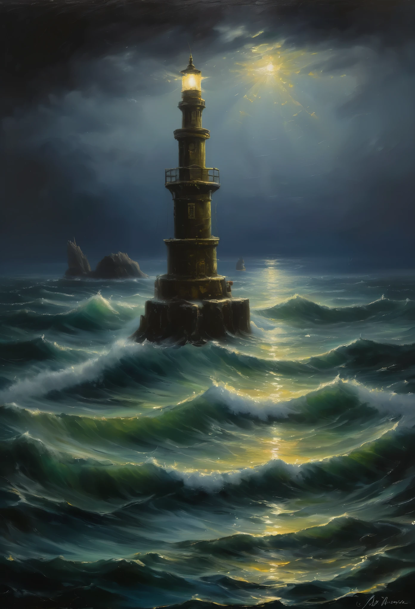 In the center of the sea, there stands a lighthouse, illuminating the surrounding waters. This scene takes place at night, with a blue sky contrasting against the dark ocean. The whole painting exudes a strong oil painting style, with clear layers, as if it were a vibrant comic illustration.