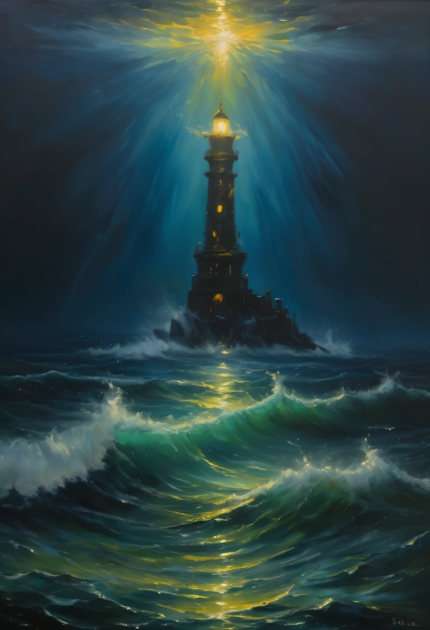 In the center of the sea, there stands a lighthouse, illuminating the surrounding waters. This scene takes place at night, with a blue sky contrasting against the dark ocean. The whole painting exudes a strong oil painting style, with clear layers, as if it were a vibrant comic illustration.