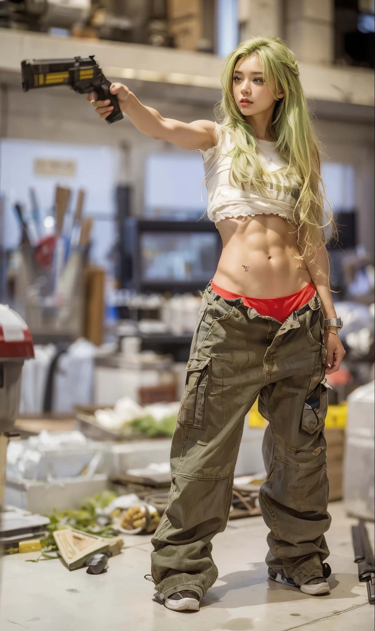 Beautiful woman、dirty skin、light green hair、、trained abdominal muscles、A girl with realistic skin texture stands in front of a concrete background。. Her dirty shirt adds a rough vibe to the whole image. She has a 入れ墨 on her arm, It adds a hint of edge to her look. The focus of the image is、There&#39;s a super detailed rendering of her skin, Accurately depicts every pore and wrinkle. A background that creates an industrial atmosphere, . Plays an important role in enhancing the realistic and photorealistic effect of images。. Colors are vivid and details are clear, Get the highest quality 8K images that look like masterpieces.Shopping mall、Holding a handgun in his right hand、