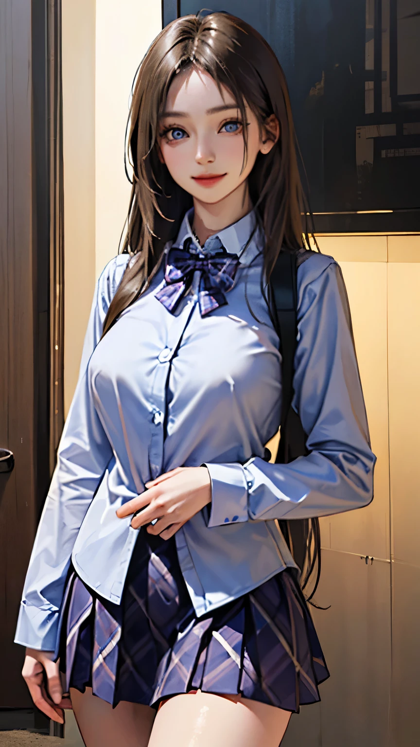 (masterpiece:1.2, top-quality), (realistic, photorealistic:1.4), beautiful illustration, (natural side lighting, movie lighting), nsfw,
looking at viewer, cowboy shot, front view:0.6, 1 girl, japanese, high school girl, perfect face, cute and symmetrical face, shiny skin,
(middle hair:1.6, straight hair:1.2, long sidelocks, blonde hair), parted bangs, blue eyes, long eye lasher, (large breasts:1.1, seductive thighs),
beautiful hair, beautiful face, beautiful detailed eyes, beautiful clavicle, beautiful body, beautiful chest, beautiful thigh, beautiful legs,
((detailed cloth texture, long sleeves white collared shirts, light purple plaid pleated skirt, light purple plaid bow tie, socks)),
(beautiful scenery), evening, riverside, walking, hands on chest, (lovely smile, upper eyes),