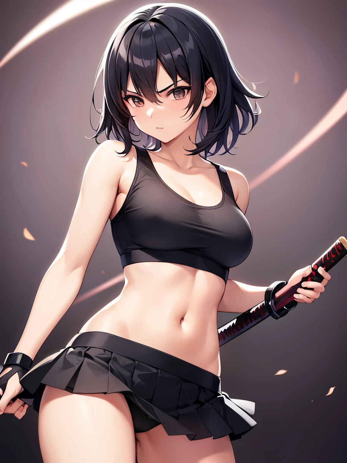 1girl, holding katana, sportbra, skirt short, black hair, fighting stand