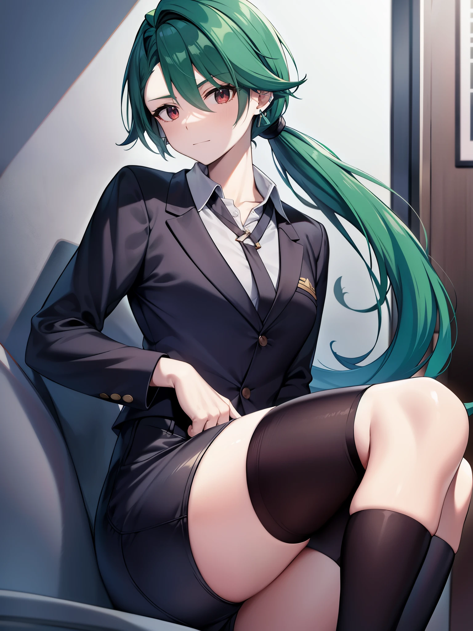 Pokémon、solo、1 person、big tits milf、big tits milf、big tits milf、company、office、Interviewer、Chile、pokemon trainer、じめんタイプのpokemon trainer、tall and slender、He has a handsome face with slanted eyebrows and drooping eyes.、She is characterized by her special two-block green hair with a part of her hair on the right side curved.。Tie the back hair at the nape of the neck and put it in an under ponytail。collared shirt、tie、suspenders、black pants、wear earring suit、Pierced both ears。Because the gray shirt is buttoned on the right side.、Looks like she's wearing men's clothes。I usually keep my hands in my pockets and don't take them out when I walk.。black coat、Interviewerモードの時は黒縁眼鏡をかける。friendly and friendly、Kansai dialect、interview test、「四天王の露払いはこのChileちゃん!」、「I'm so cute with you, so at most... it's a bummer!」