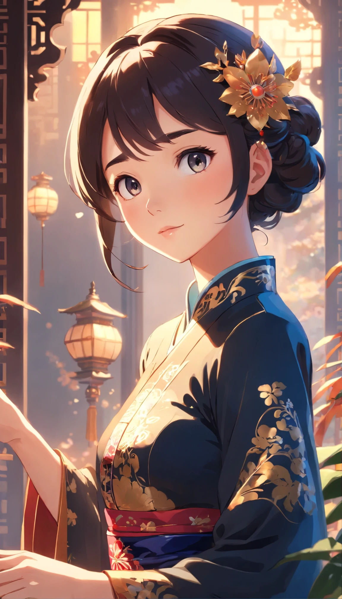A cute princess in the style of Makoto Shinkai's anime, wearing a black traditional Chinese dress (cheongsam/Qipao) and a magnificent headpiece. She has beautiful big eyes, charming and dreamy. The dress is extremely detailed, luxurious, and elegant. The scene is set in a permanent magical world, with surreal and ethereal elements. The princess's features are super detailed, with an elaborate hairstyle and intricate accessories. The artwork is created using high-quality materials such as illustrations and 3D rendering. The image quality is the best, with a resolution of 8k, ultra-detailed, and photorealistic. The color tone is vibrant and vivid, enhancing the overall visual effect. The lighting is professionally done, creating a captivating atmosphere.