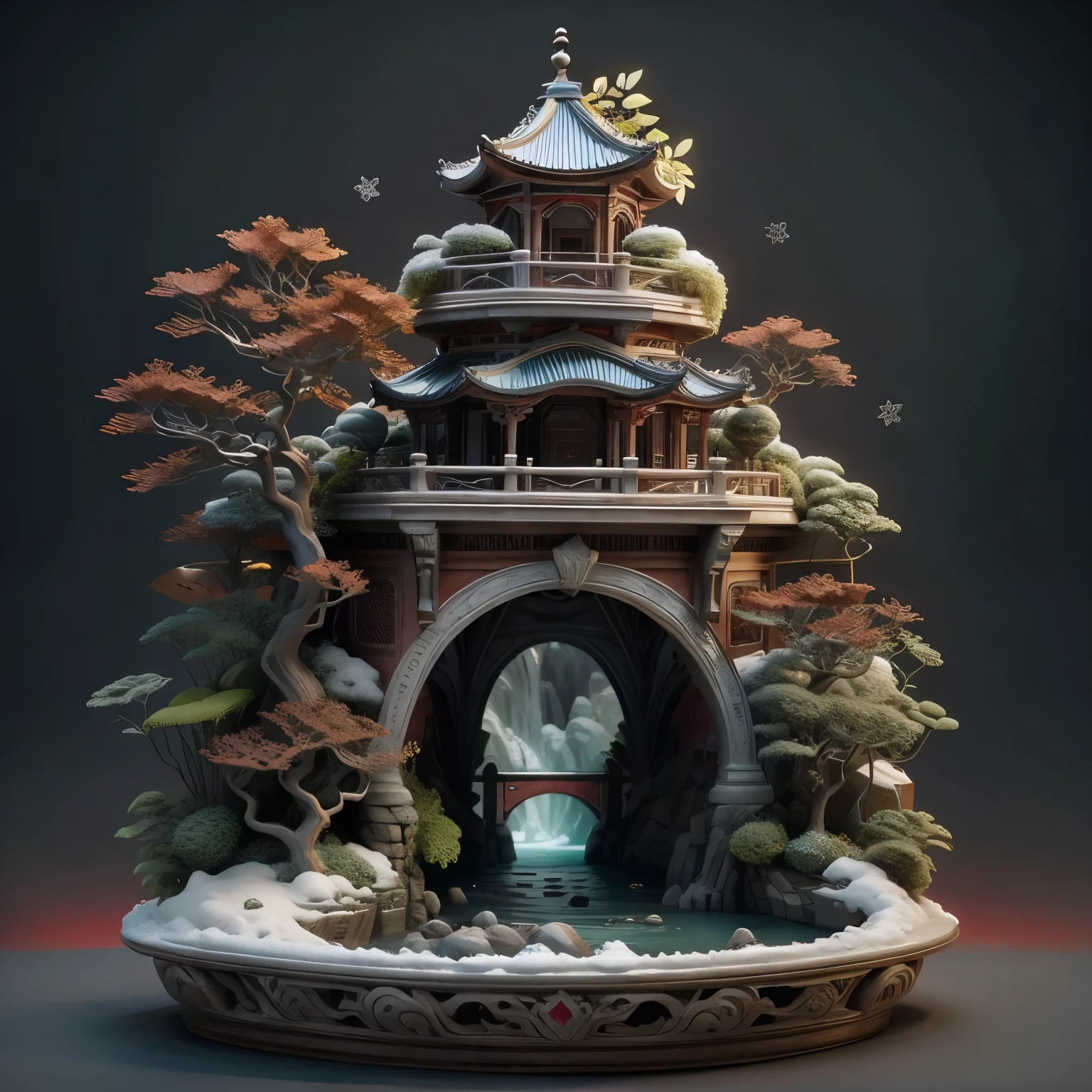 masterpiece,best quality,ultra high res,potted plant_style,mini_world,c4d,snowing,(Dark Red theme:1.5),flowers,ancient architecture,mountain,waterfal,river,bridge,vivid color