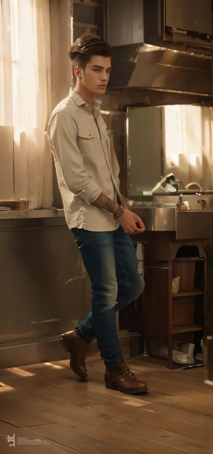 (hyperrealistic), (8K), (extremely detailed), (best illustration), (beautiful detailed eyes), (best quality), (ultra-detailed), (masterpiece), (wallpaper), (detailed face), stylish boy, boots, denim shirt
