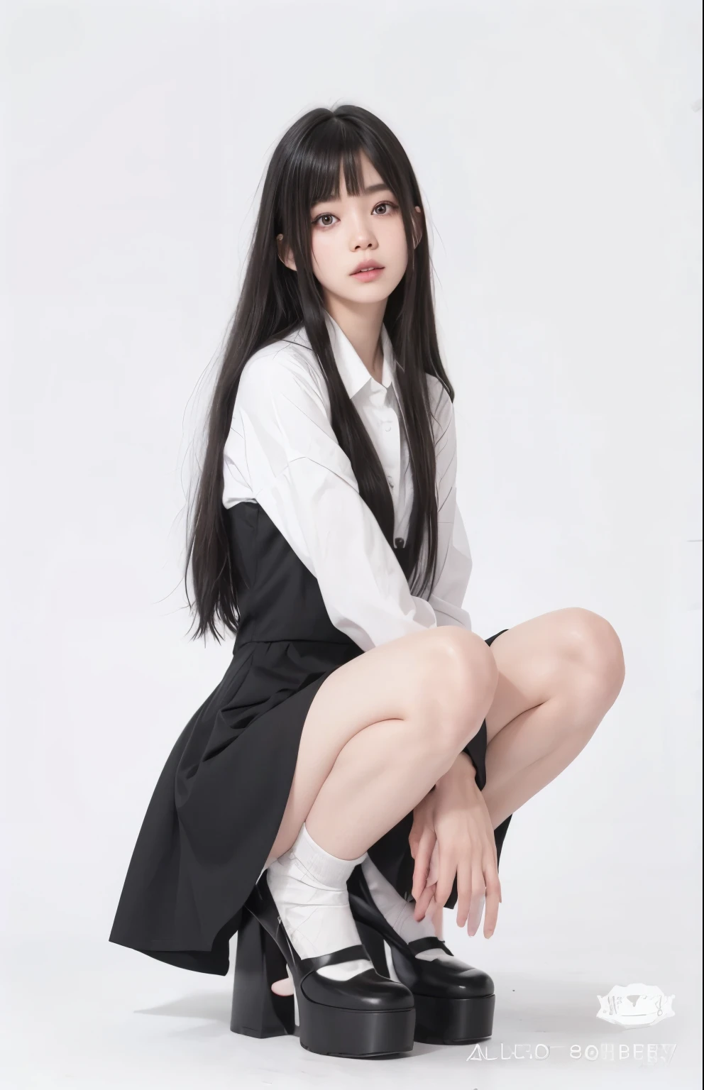 Mujer arafed con un vestido blanco y negro y tacones altos., ulzzang, chica anime en la vida real, cruel korean gothic girl, the anime girl is crouching, sakimichan, colegiala hiperrealista, un hiperrealista , shikami, 1 7 year old anime gothic girl, ella tiene el pelo negro con flequillo