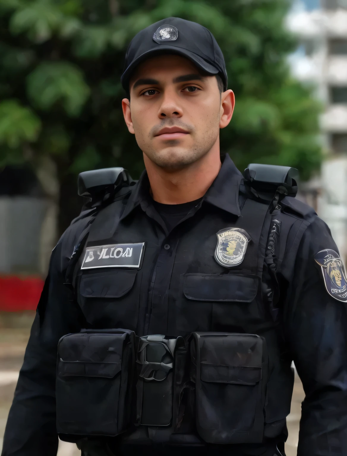 policial brasileiro, bonito, foto realista, ultra detalhado,  forte, com camisa preta, Black cap