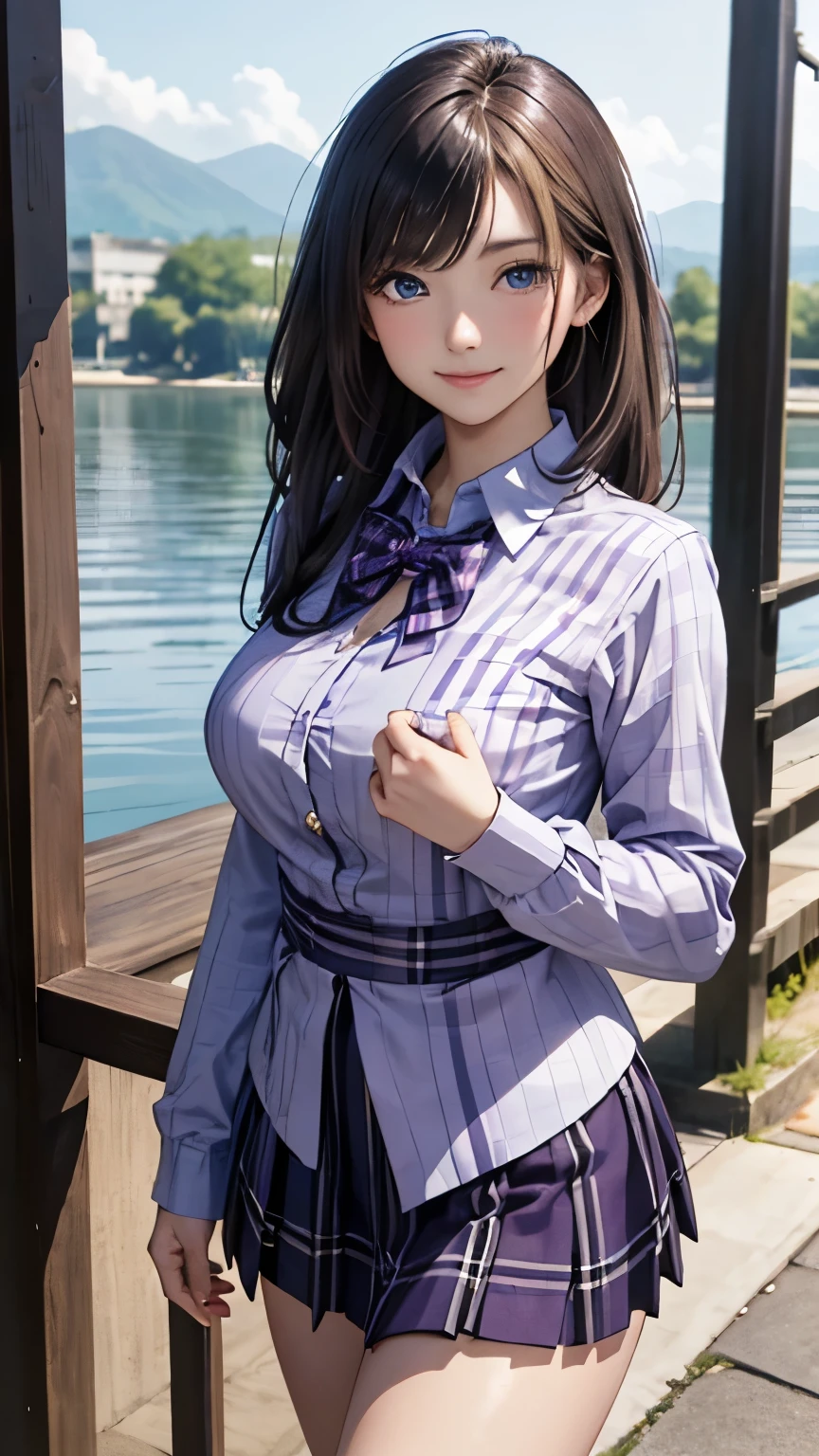 (masterpiece:1.2, top-quality), (realistic, photorealistic:1.4), beautiful illustration, (natural side lighting, movie lighting), nsfw,
looking at viewer, cowboy shot, front view:0.6, 1 girl, japanese, high school girl, perfect face, cute and symmetrical face, shiny skin,
(middle hair:1.6, straight hair:1.2, long sidelocks, blonde hair), parted bangs, blue eyes, long eye lasher, (large breasts:1.1, seductive thighs),
beautiful hair, beautiful face, beautiful detailed eyes, beautiful clavicle, beautiful body, beautiful chest, beautiful thigh, beautiful legs,
((detailed cloth texture, long sleeves white collared shirts, light purple plaid pleated skirt, light purple plaid bow tie, socks)),
(beautiful scenery), evening, riverside, walking, hands on chest, (lovely smile, upper eyes),