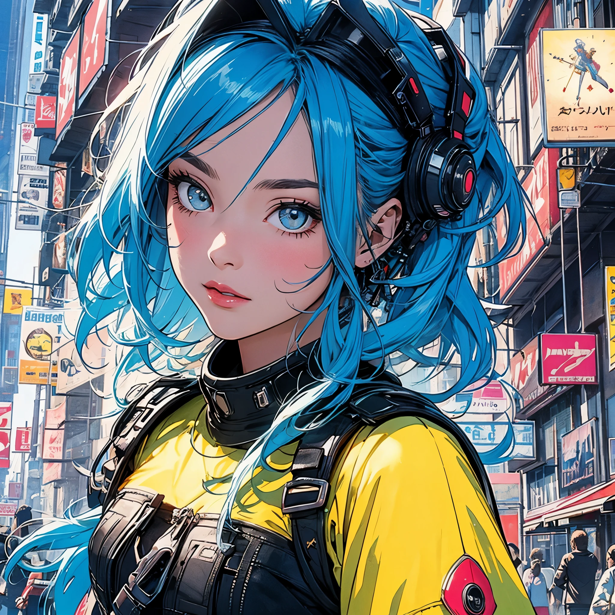 (masterpiece, highest quality), 32K,(highly detailed beautiful woman), poster,SF,1960s,1970s,bauhaus, shape, abstract,movie poster, vintage,retro,futuristic anime,ultimate map,highlight,highly detailed glowing eyes,cleavage,complicated pattern,Stylish hairstyle,fluorescence((yellow clothes)),Starry Sky,Looks like cyberpunk