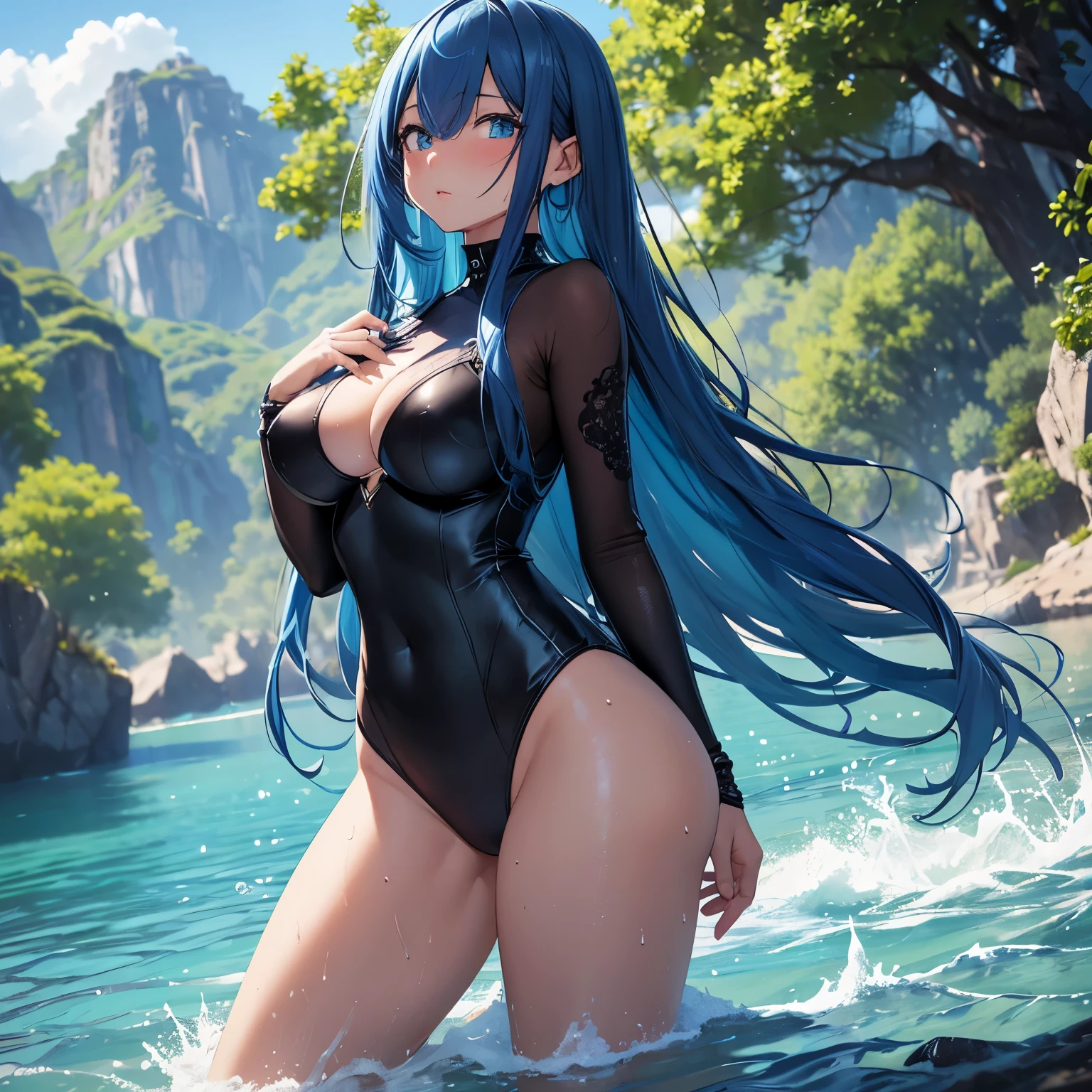 (Master piece), (best quality), (ultra detailed), high quality, highest details, ultra hd, lake, 1girl, long blue hair, wet, black swimsuit,  nartural shadow, large breast, large ass, blushing face, solo, perfect body, 8k, blue sky, leaning to viewer.