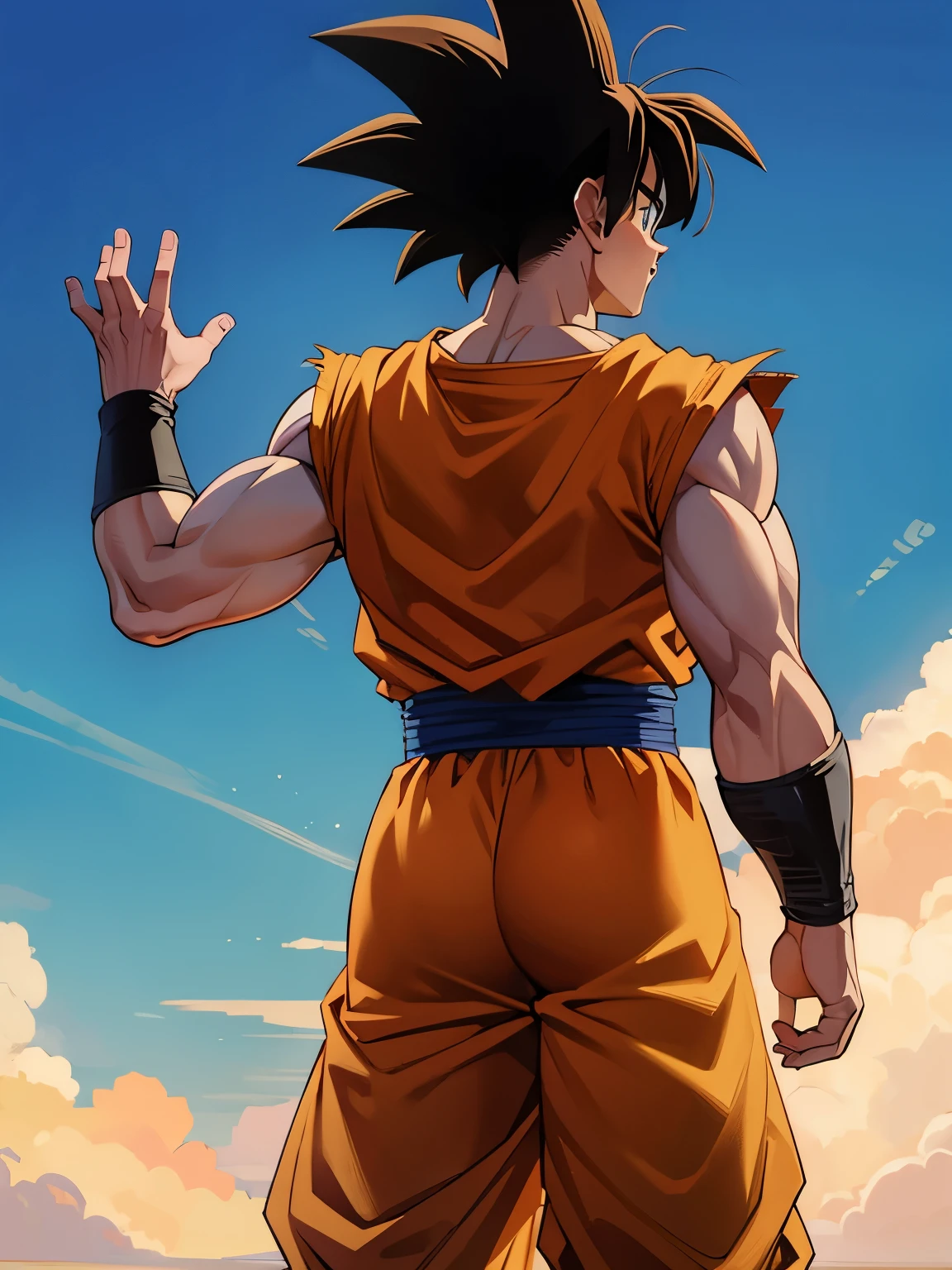 Masterpiece,best quality,ultra detailed,anime、Dragon Ball,(son Goku)、back view、(raise one hand)、Super Saiyan