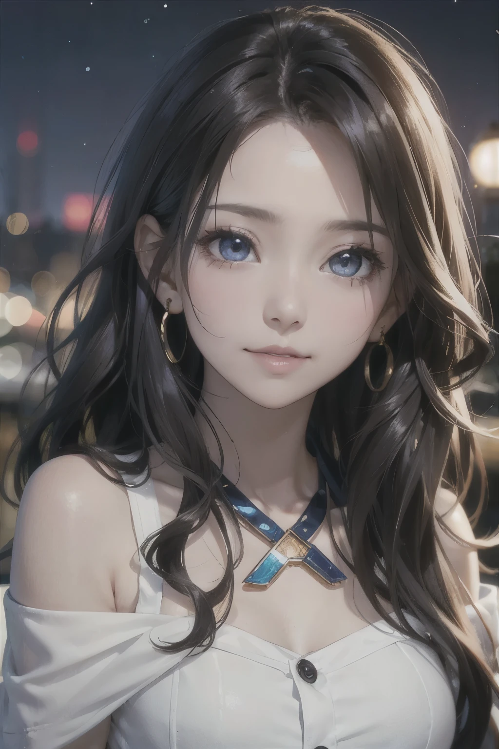 (masutepiece: 1.3), (max resolution: 1.2), (Ultra HDTV: 1.2), cinema lite, Ultra HDTV, (Detailed eyes and skin), (detailed facial features), ultgp, 8K resolution, Sharp Focus: 1.2, Perfect Style, Beautiful Face, accurate, Anatomically correct, Highly detailed face and skin texture, Detailed eyes, Dark-blue eyes, Double eyelids, Thin eyebrows, dropping eyes, (Glitter Eyeliner:1.2), Natural cheeks, Glossy skin, (Fair skin:1.2), shiny necklace and earrings, (Glossy lips: 1.4), break, absurderes, One-person viewpoint, (she is high school Student), (Wearing a Button up shirt, blazer, Pleated mini skirt), ((off-shoulder:1.3)), (shy smile:1.2), ((Innocent and very cute girl:1.3)), (Layered hairstyle, Wavy Hair), (Dark brown hair:1.2), Medium Long Hair, (Full body shot: 1.2), Focus on Face, medium large breasts, (looking back at viewer:1.2), ((sexy pose on Instagram:1.2)), ((In the School Rooftop:1.2)), ((background of night view:1.4)), (from behind:1.2)
