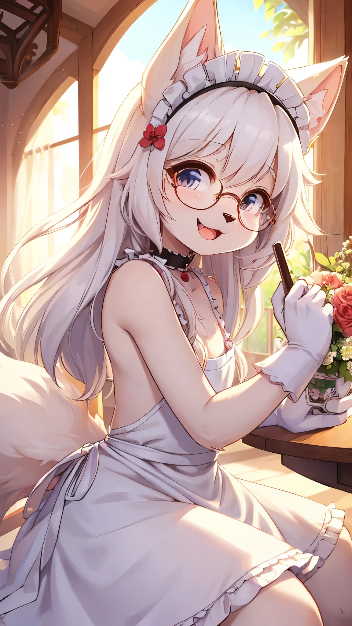 (fluffy anthro furry :1.6),(young :1.6),cat girl,flat chest,white long hair,wavy hair,messy hair,white fur,white cat tail,nude,naked white maid apron,glasses,maid headdress,flower collar,white maid glove,beautiful cafe,white sunlight,happy face,looking at viewer,smile,open mouth,heart eyes,upper body only,backless