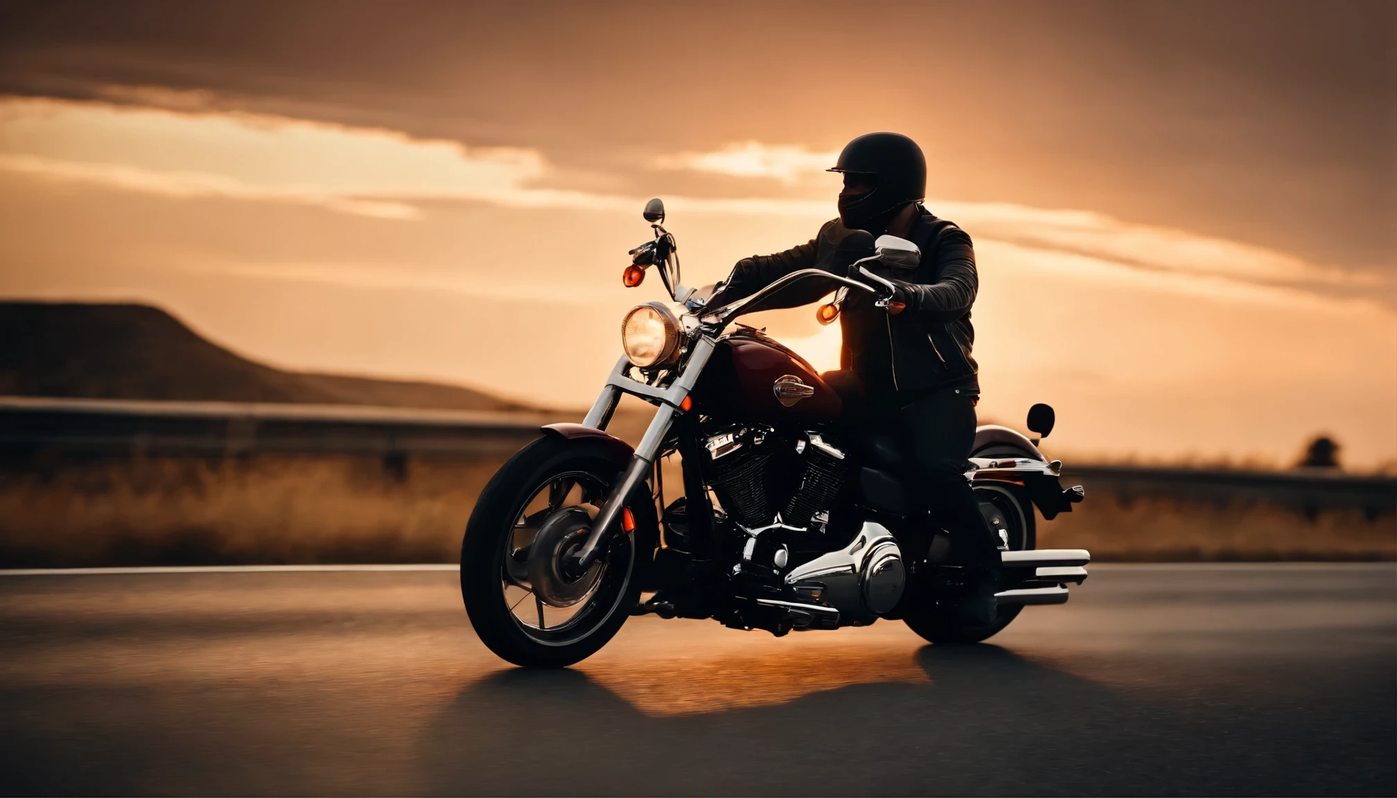 picture ultra realistic biker on a harley davidson motorcycle on the road 66 sunset side view