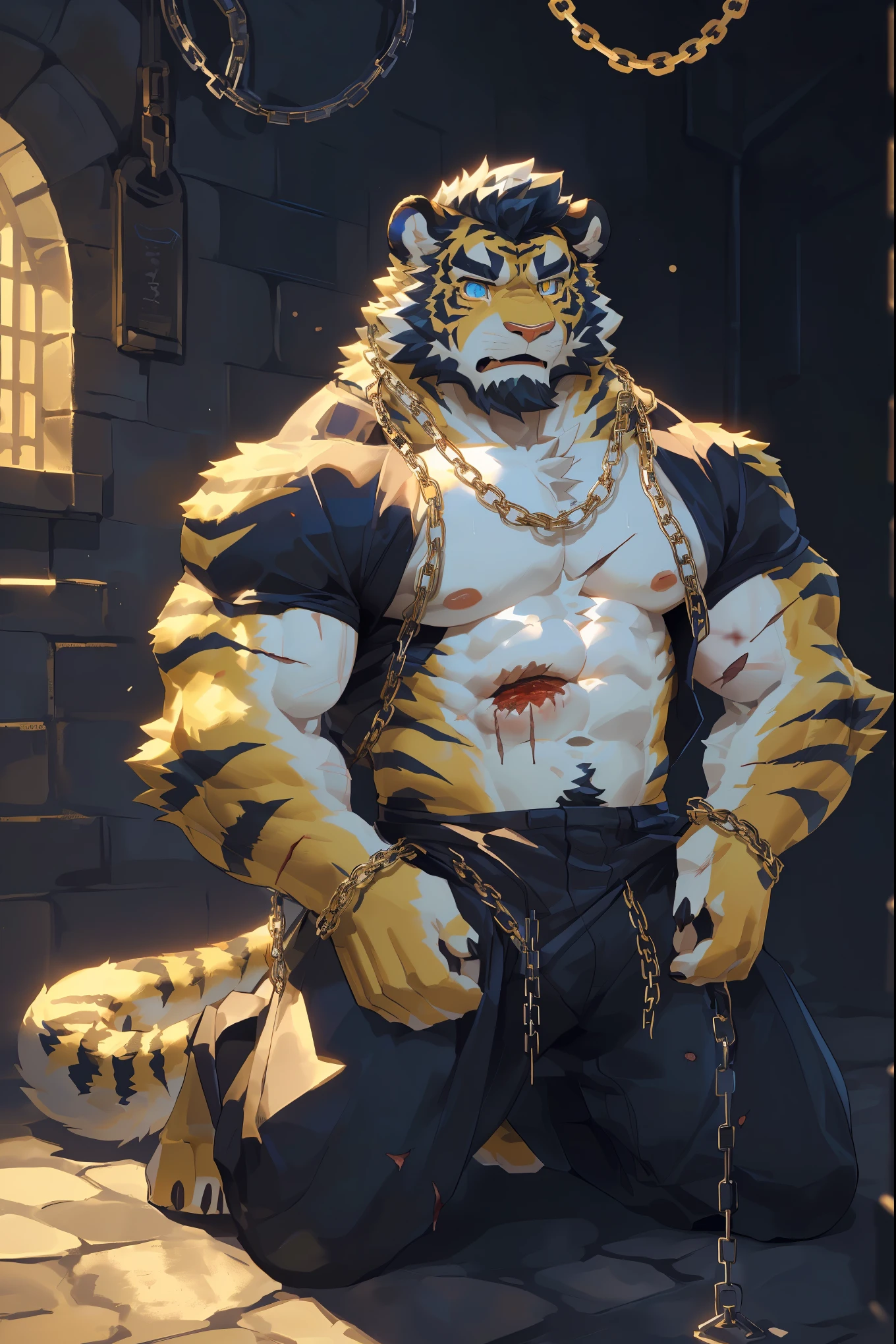 (Chained in a dungeon:1.5),(Wearing tattered ancient costumes:1.5),king,16k high quality detailed art,(Golden Tiger:1.1), (((white and gold fur:1.5))),(Dark and cold two-tone),(a pair of eyes with different colors, one eye has golden pupils and the other eye has blue pupils:1.7),(muscular body:1.2),Handsome,(OK),(perfect face),(exhausted:1.1),(golden and white skin:1.3),(Dark and dank dungeon background),(Half body特写:1.6),Publaz, (Golden Tiger:1.1), (((golden and white fur:1.3))),Handsome, (OK), ((bleed wound:1.6)), Express,(Cold and damp dungeon background),(Eyes of pain and despair:1.3),(Golden Tiger tail),不同的Express,(perfect masterpiece),(32k),(abdominal muscles:1.3),(((middle aged:1.4))),(36 years old),(golden stripes),alone,(black sideburns:1.2),(black beard:1.3),(black chin:1.3),(golden face pattern:1),(Very rich facial details:1.3),(Strong),Half body,(Kneel down:1.3),front view,(cg),(HD),(To chain one's limbs:1.6),(pained expression:1.5),(Lots of chains)