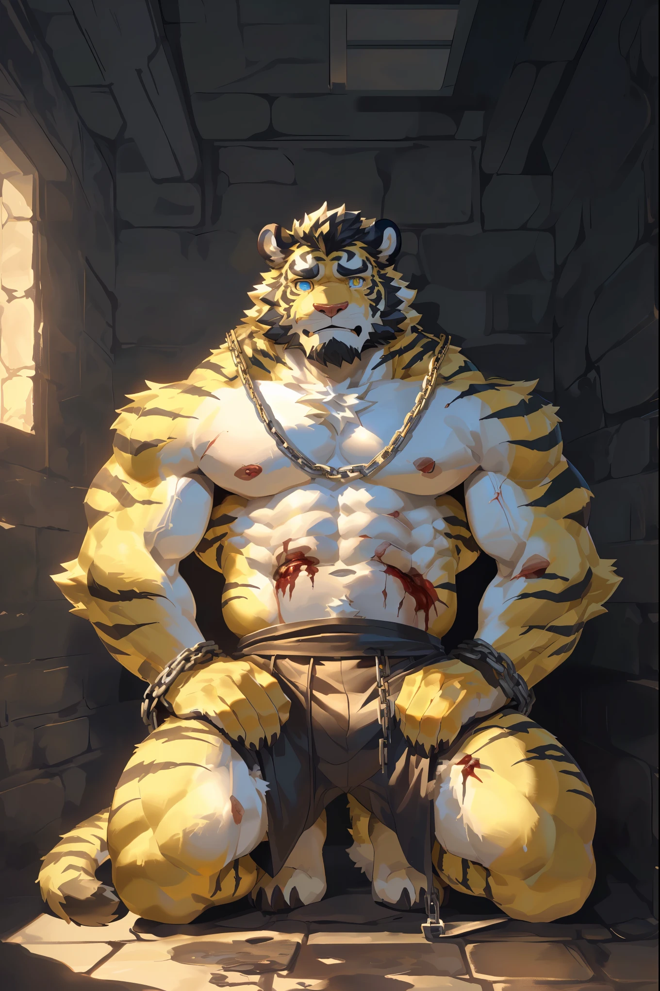 (Chained in a dungeon:1.5),(Wearing tattered ancient costumes:1.5),king,16k high quality detailed art,(Golden Tiger:1.1), (((white and gold fur:1.5))),(Dark and cold two-tone),(a pair of eyes with different colors, one eye has golden pupils and the other eye has blue pupils:1.7),(muscular body:1.2),Handsome,(OK),(perfect face),(exhausted:1.1),(golden and white skin:1.3),(Dark and dank dungeon background),(Half body特写:1.6),Publaz, (Golden Tiger:1.1), (((golden and white fur:1.3))),Handsome, (OK), ((bleed wound:1.6)), Express,(Cold and damp dungeon background),(Eyes of pain and despair:1.3),(Golden Tiger tail),不同的Express,(perfect masterpiece),(32k),(abdominal muscles:1.3),(((middle aged:1.4))),(36 years old),(golden stripes),alone,(black sideburns:1.2),(black beard:1.3),(black chin:1.3),(golden face pattern:1),(Very rich facial details:1.3),(Strong),Half body,(Kneel down:1.3),front view,(cg),(HD),(To chain one's limbs:1.6),(pained expression:1.5),(Lots of chains)