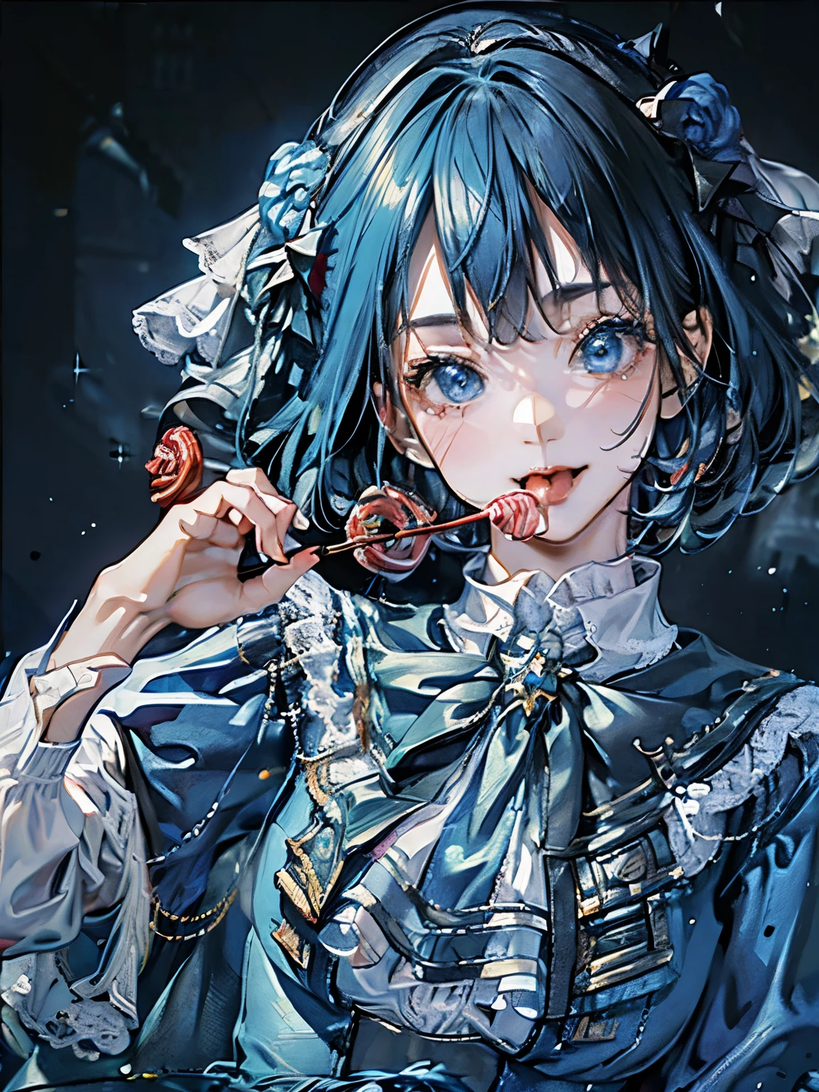 (((((super close up of face)))))，Aim from a little above,masterpiece, confused, incredibly confused, very detailed, staring at the camera，highest quality, costume，(((((candy blue dress))))), have, knee high, whole body, 1 girl, alone, black hair, gentle smile, looking at the viewer, detailed background, Are standing, at the castle, night, dramatic lighting, 
