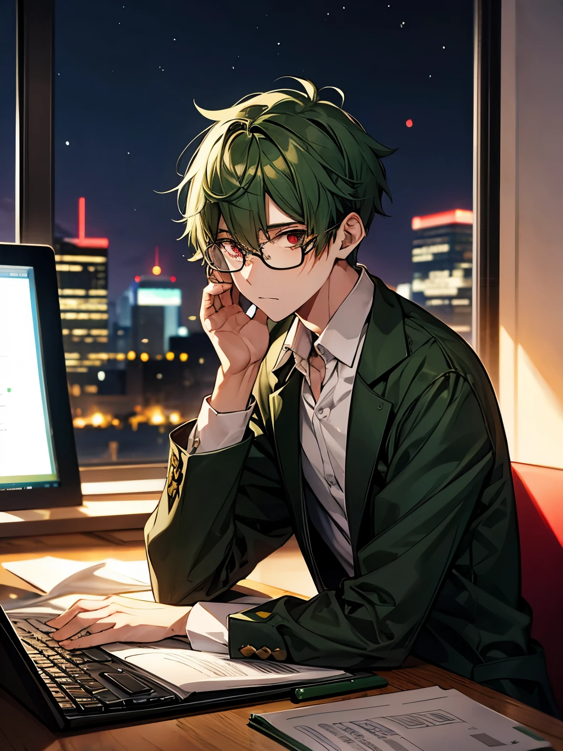 green hair, red eyes, glasses, male short hair, in front of a computer, studying in his room, night time, teenager